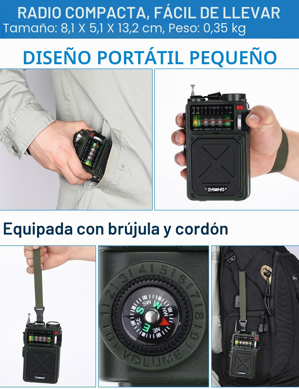 ZHIWHIS Radio de Onda Corta con Bluetooth, radios de Emergencia Am/FM/SW/WB con alertas NOAA, manivela de mano/solar/4000 mAh/Ruido Blanco/SOS/Bajos/Receptor Retro Recargable con preestablecido,
