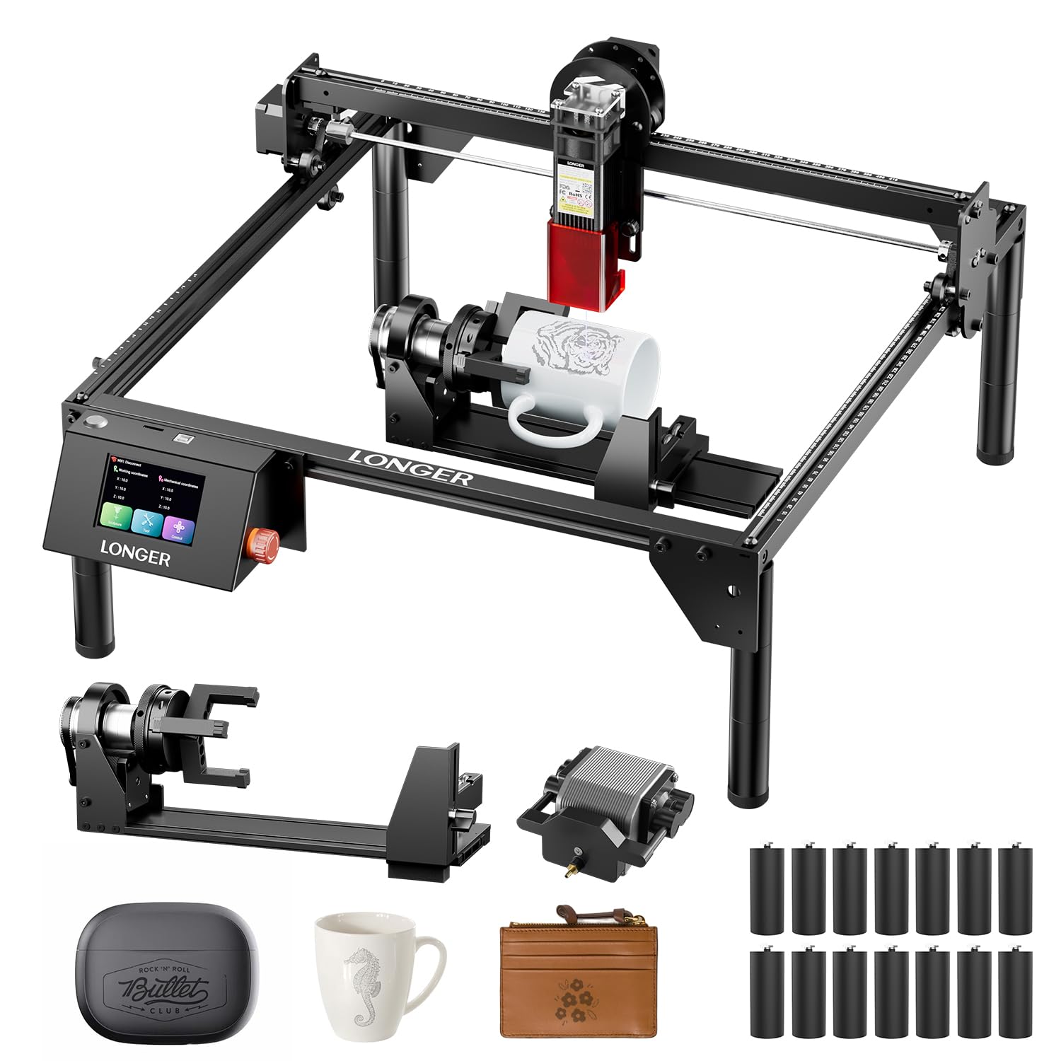LONGER RAY5 Bundle Incisore Laser, 10W con Assistenza Aria e Kit Rotativo 3 in 1, Macchina CNC Desktop per Taglio e Incisione su Legno, Acrilico e Pelle, Fai da Te DIY, Area di Lavoro 400×400mm