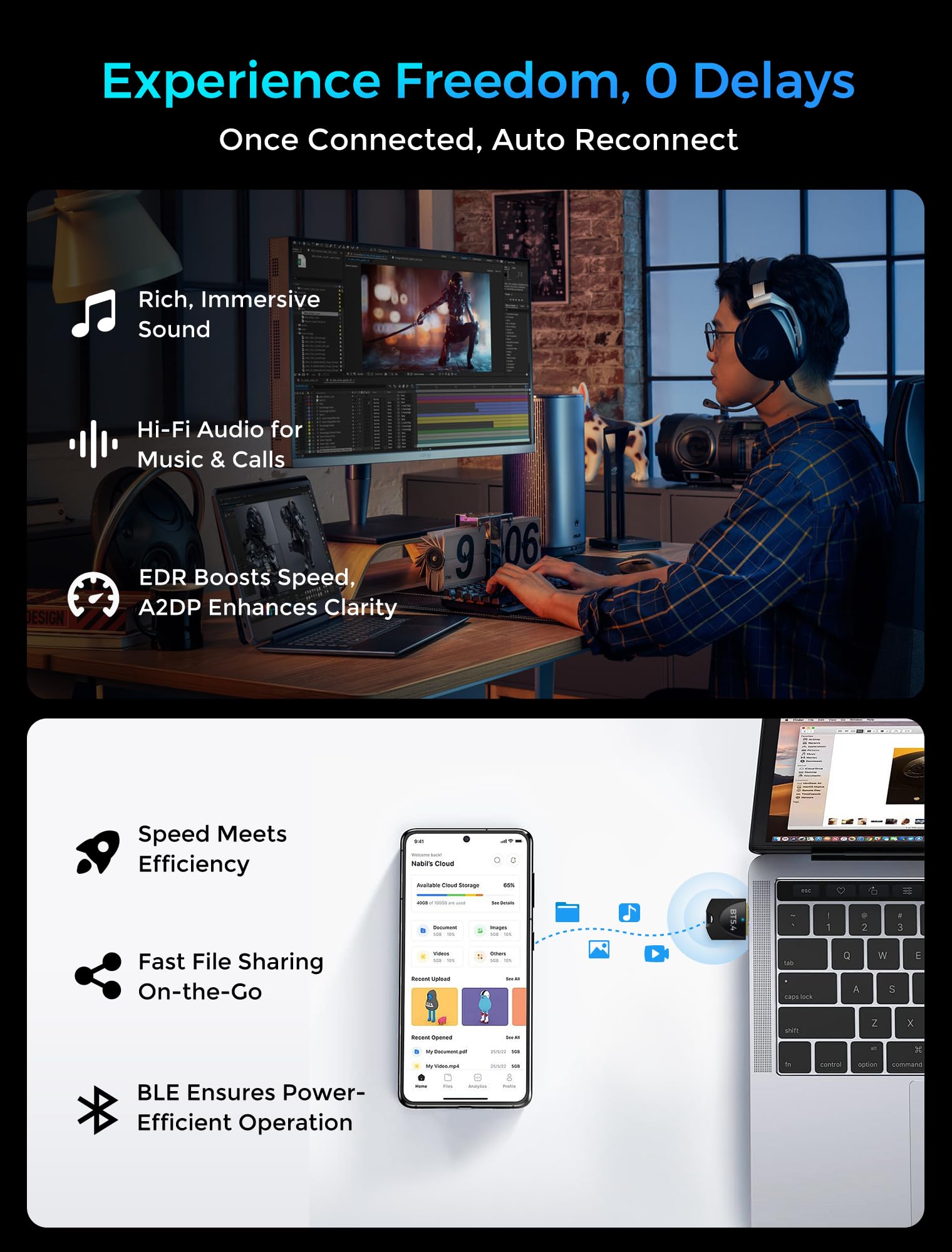 Adaptador Bluetooth USB 5.4 para PC, gliship Dual Mode Bluetooth Dongle (BLE+EDR) Plug & Play, adaptador Bluetooth de hasta 7 dispositivos, compatible con Windows 11/10/8.1 PC mouse teclado