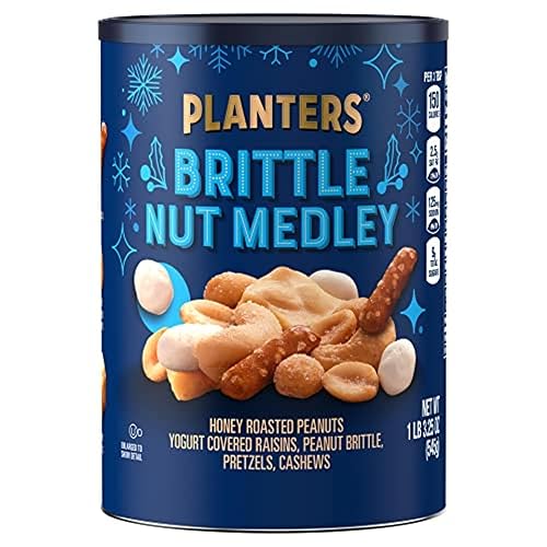 PLANTERS Holiday Brittle Nut Medley Trail Mix Snack with Honey Peanuts, Yogurt Raisins, Peanut Brittle, Pretzels & Cashews, Holiday Snack, Party Nut Mix, 1 lb. Canister - Brittle Nut Medley - 19.2 Ounce (Pack of 1)