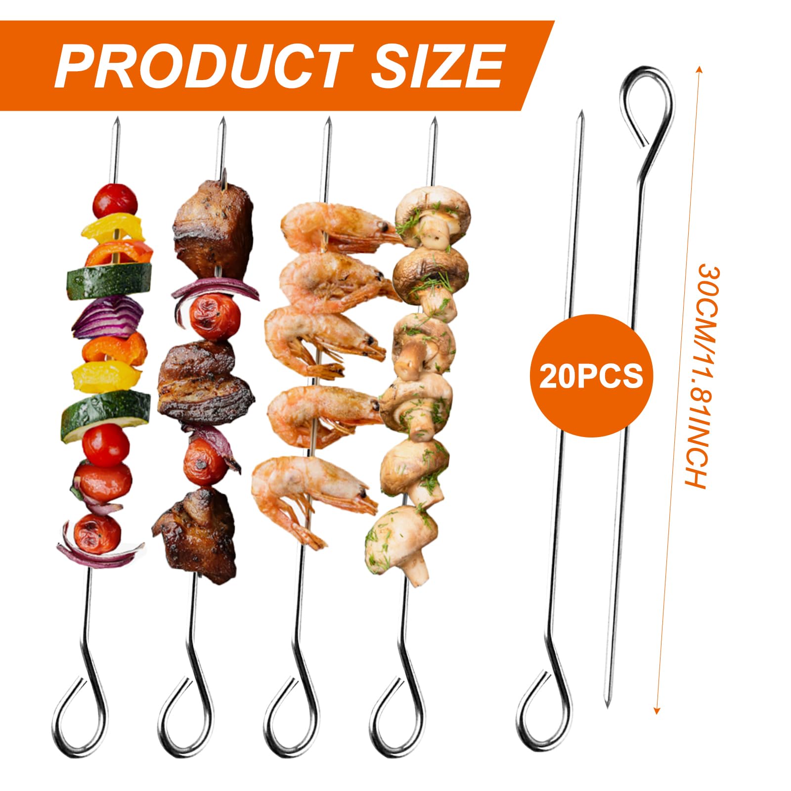 20PCS 304 BBQ Metal Skewers Stainless Steel,Reusable & Durable,11.81"/30cm Metal Kebab Skewers for Oven Grill & Barbecue - Image 2