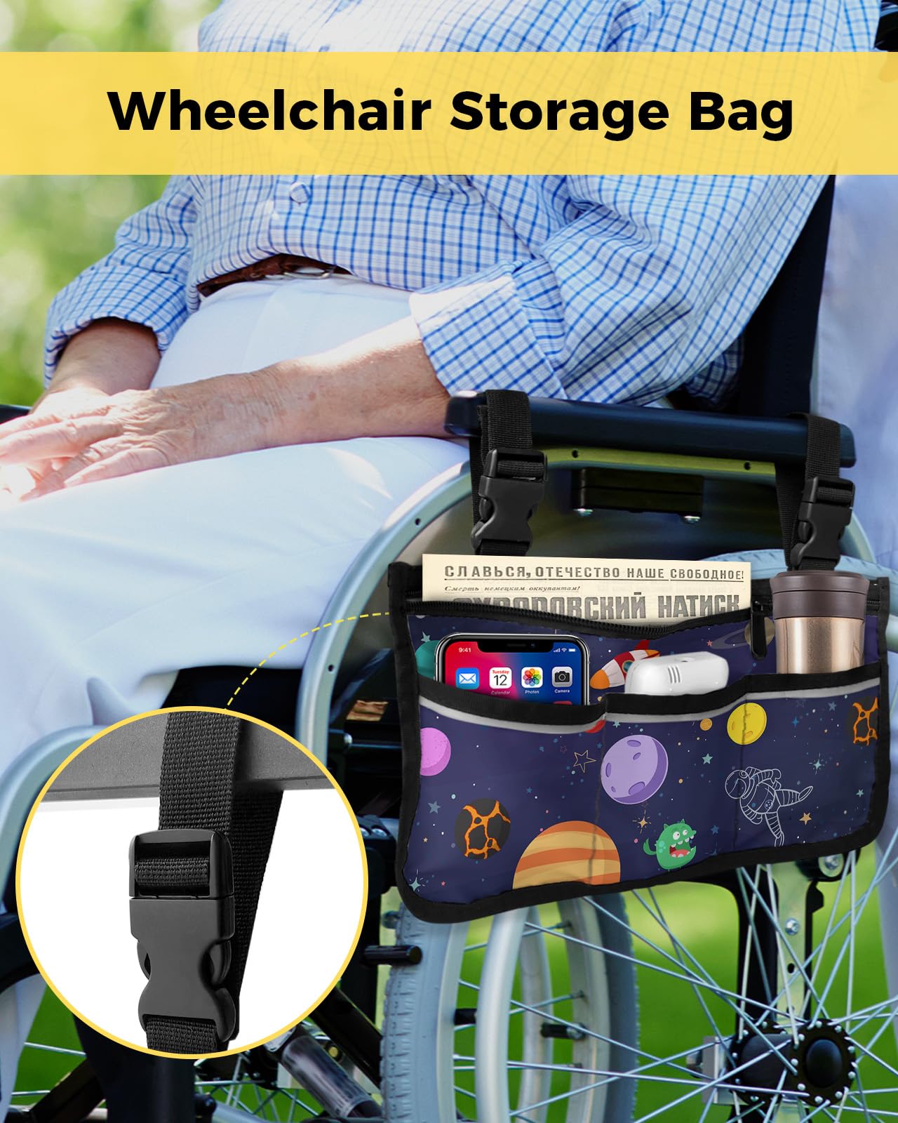 Cosmic Star Wheelchair Side Bag Walker Bag, Universe Planet Astronaut Wheelchair Accessories Armrest Pouch, Organizer Storage Bag for Walkers, Rollators, Scooters, 7.3''x13''