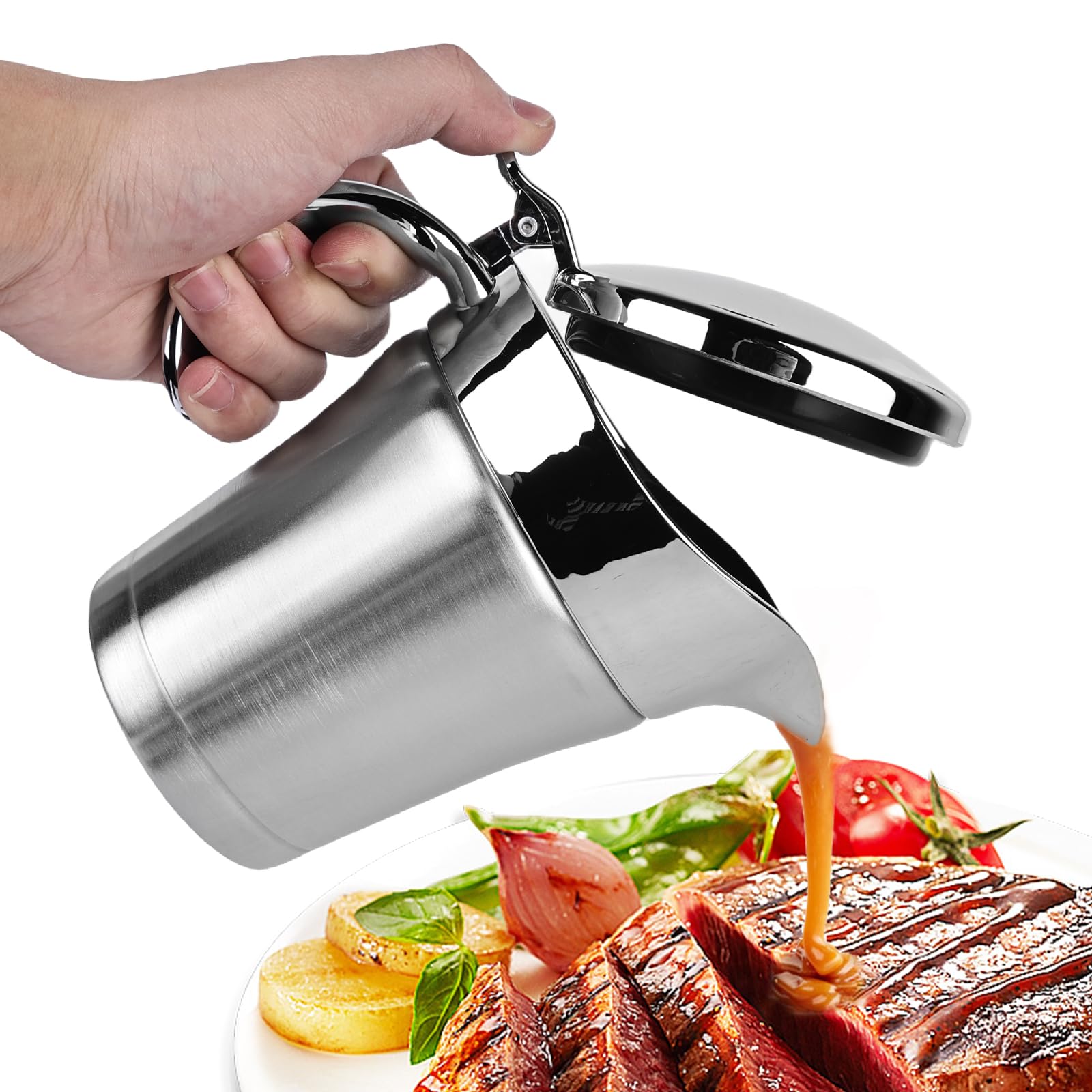 Salsera térmica de acero inoxidable: 500 ml, doble aislado, con tapa abatible, jarra de salsa de doble pared para servir salsa de natillas, crema en casa o en cenas