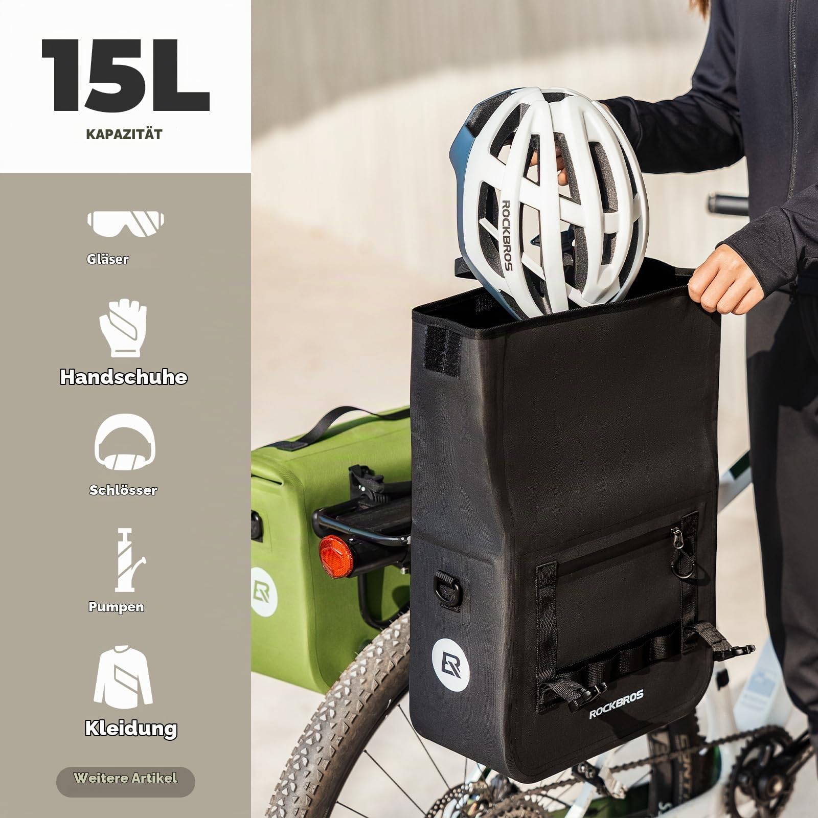ROCKBROS wasserdichte Fahrrad Gepäckträgertasche mit Schultergurt | Fahrradtasche, Hinterradtasche, Reisetasche, für Gepäckträger Radfahren, 15 L