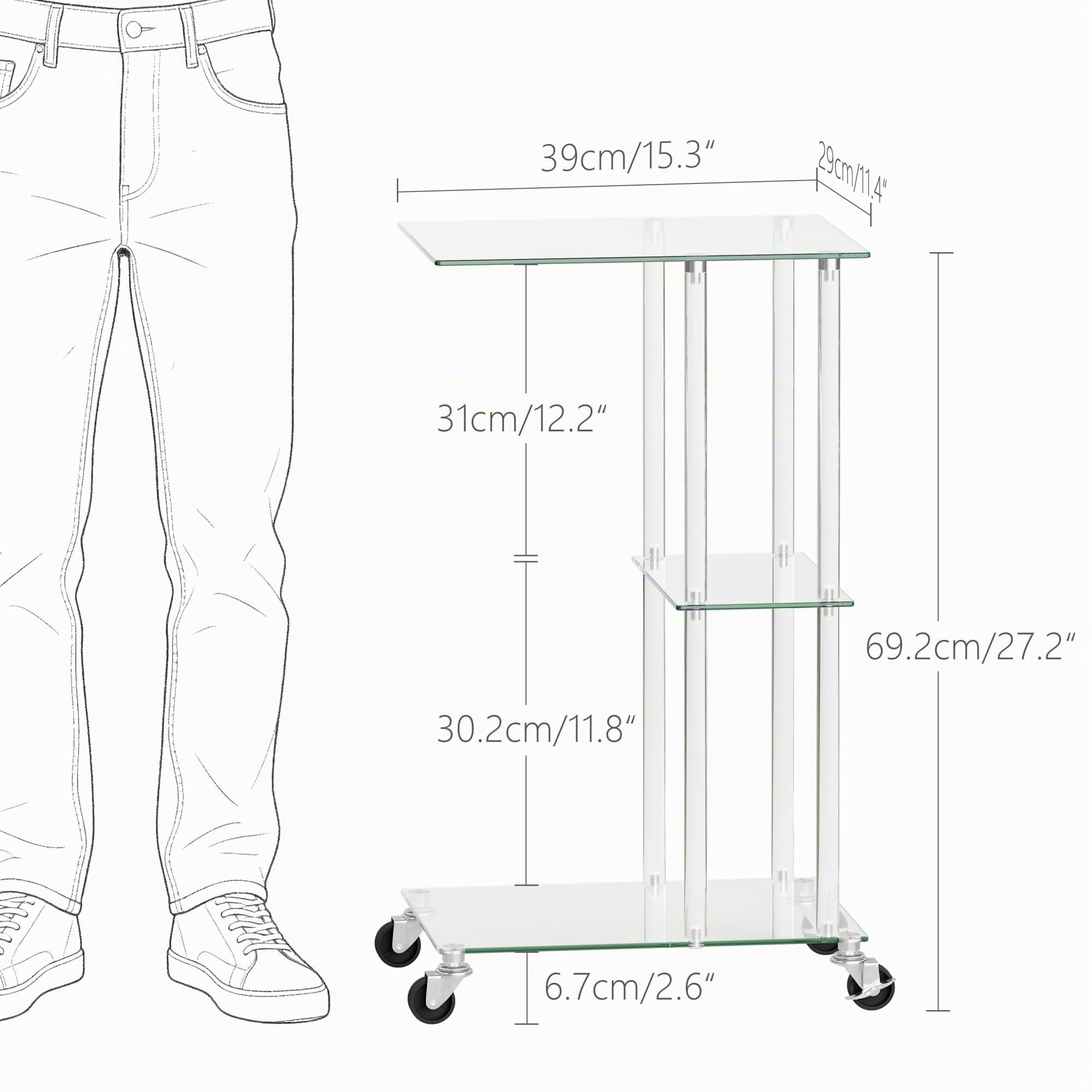 Mesa Auxiliar Cristal 3 Capas C Forma Transparente con Ruedas | Mesa auxiliar salon|Mesa centro cristal|Ideal para salon o dormitorio|Movil y practica