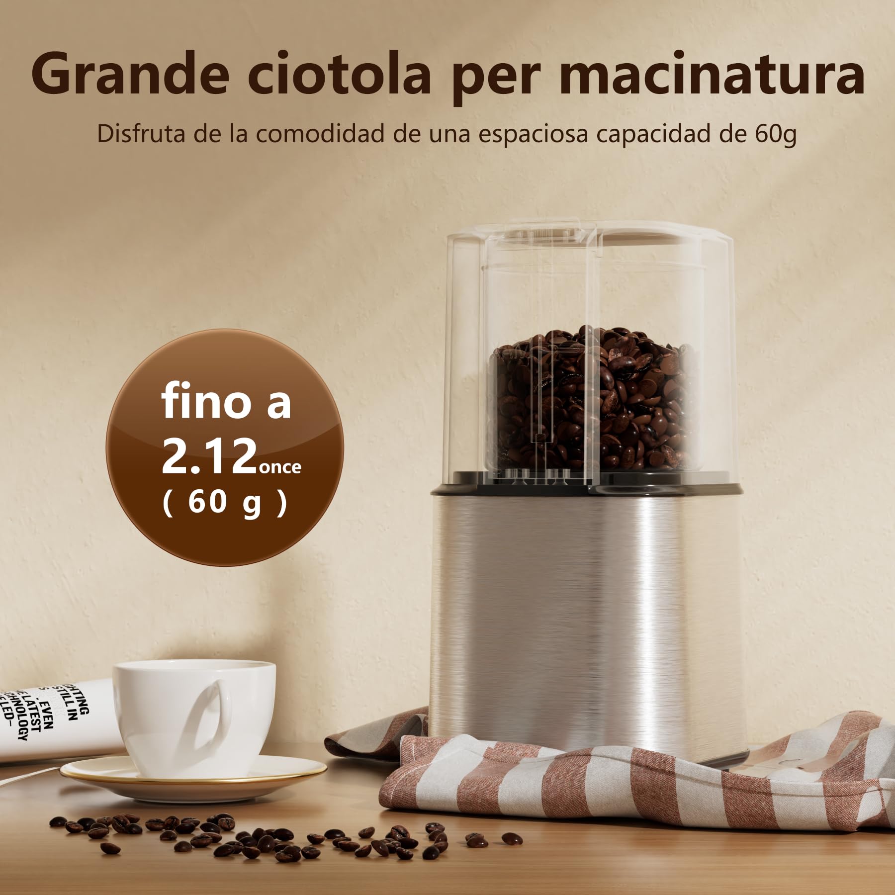 QEXREED Molinillo Electrico de Cafe 150W, 2 Cuchillas de Acero Inoxidable, 60g, para Cafe, Especias, Semillas y Nueces