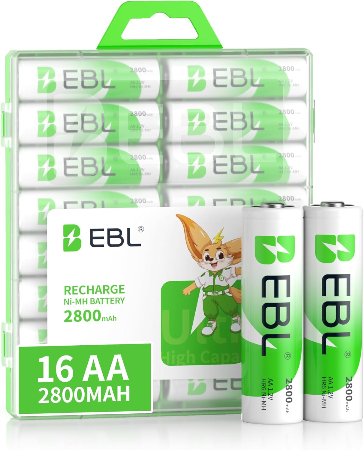 EBL 2800mAh AA Rechargeable Batteries 16-Pack Ready2Charge NiMH - Leak-Proof, Long-Lasting Power
