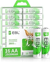 EBL 2800mAh AA Rechargeable Batteries 16-Pack Ready2Charge NiMH - Leak-Proof, Long-Lasting Power