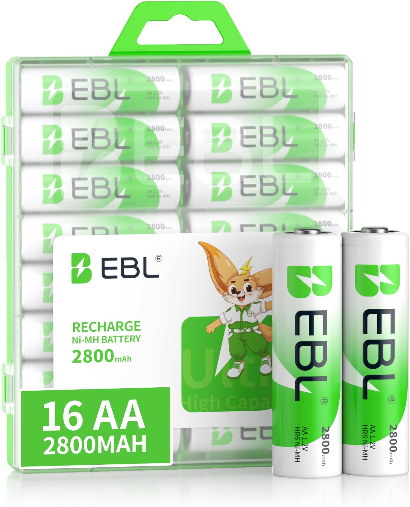 EBL AA Rechargeable Batteries 2800mAh Ready2Charge Quality AA Batteries - 16 Counts