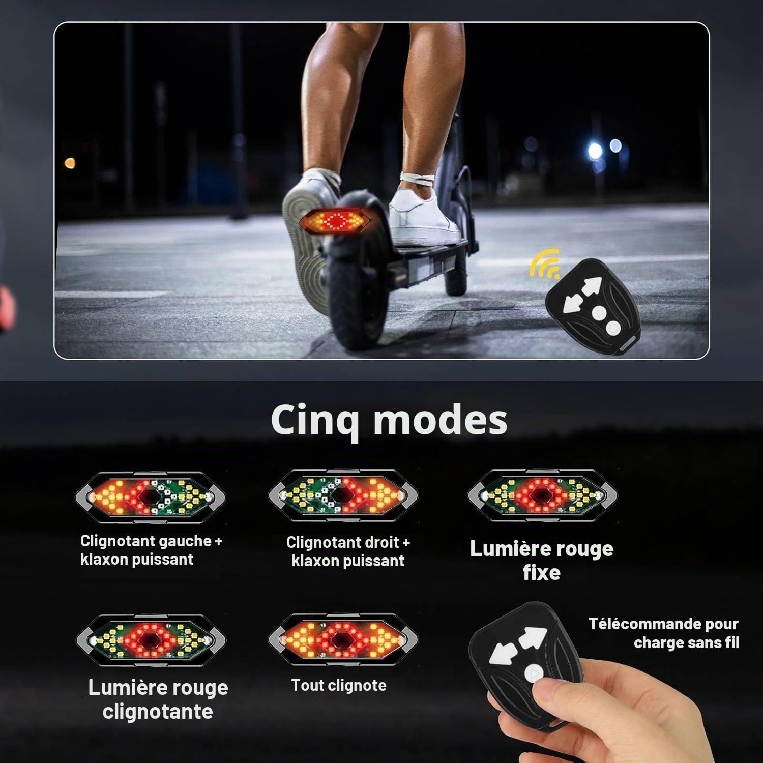 Clignotant de trottinette électrique IPX4 rechargeable par USB avec télécommande sans fil et indicateur de frein automatique et alerte de virage, avec 5 modes, accessoire de scooter pour Xiaomi M365
