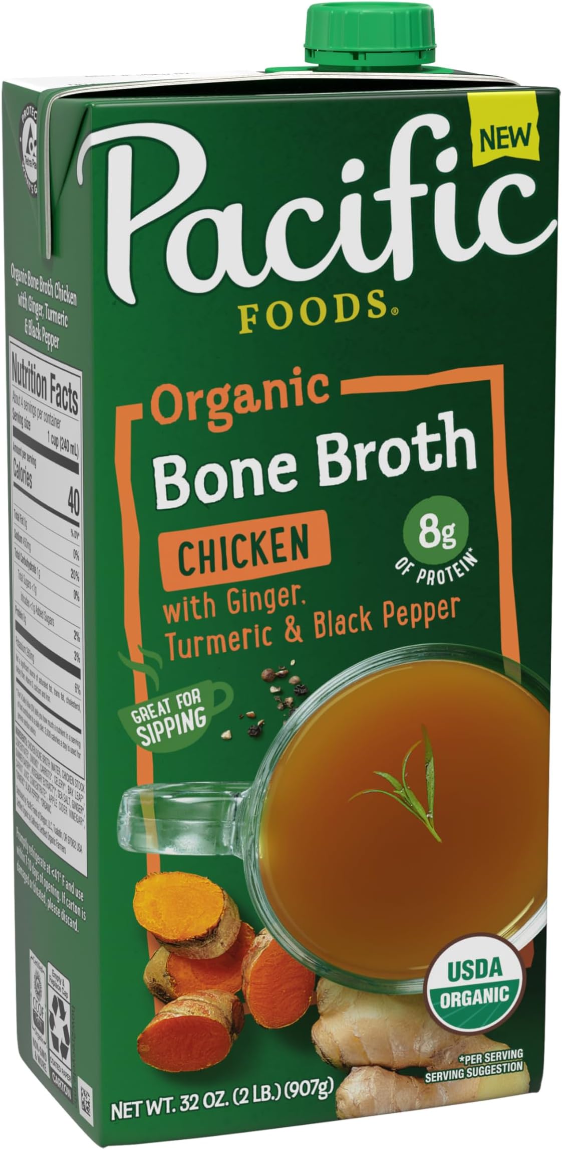 Organic Chicken Bone Broth With Ginger, Turmeric, and Black Pepper, 32 oz Carton