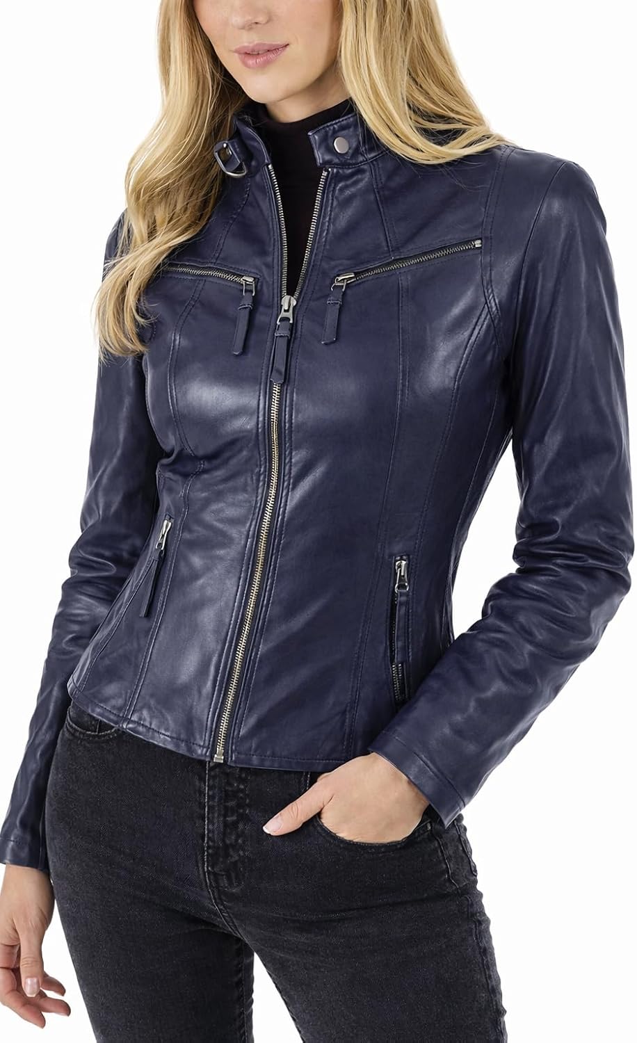 D DOLLY LAMB Women’s Lambskin Leather Jacket, Slim Fit Moto Biker Jacket Full Sleeve, Winter Café Racer Jacket