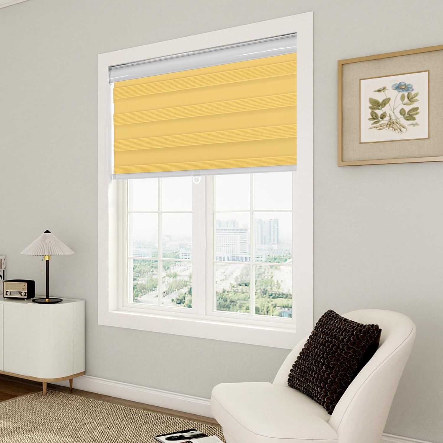 Cordless Zebra Blinds for Windows, Height-Adjustable Roller Window Shades Dual Layer Light Control for Day and Night, Light Filtering Sheer Shades for Bedroom, RVs, Gold, 20" W x 36" H