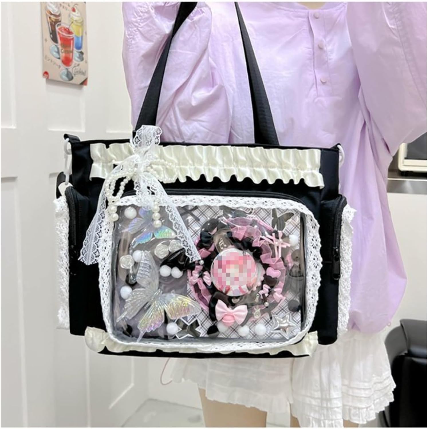 Lace itabag ruffle Shoulder Purse， Pin display bag with Insert Anime badge Display - Image 3