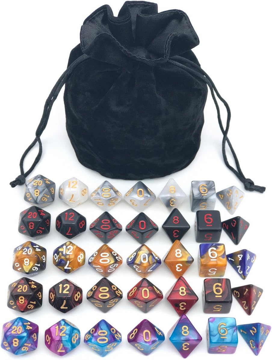 Assorted Polyhedral Dice Set with Black Drawstring Bag, 5 Complete Dice Sets of D4 D6 D8 D10 D% D12 D20 Great for Dungeons and Dragons DND RPG MTG Games