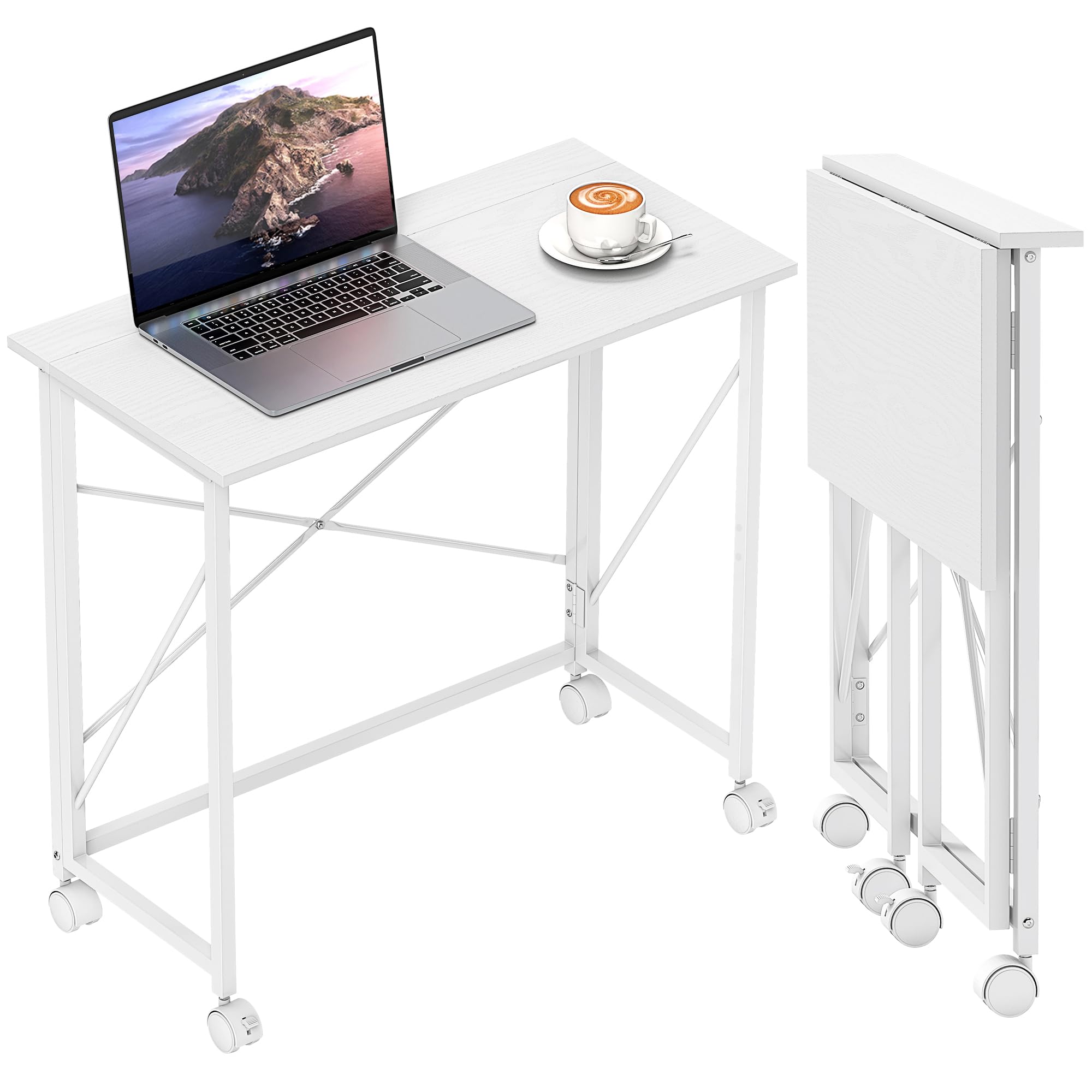 Homcom Unisex White Folding Desk On Wheels, Writing Table For Home Office,