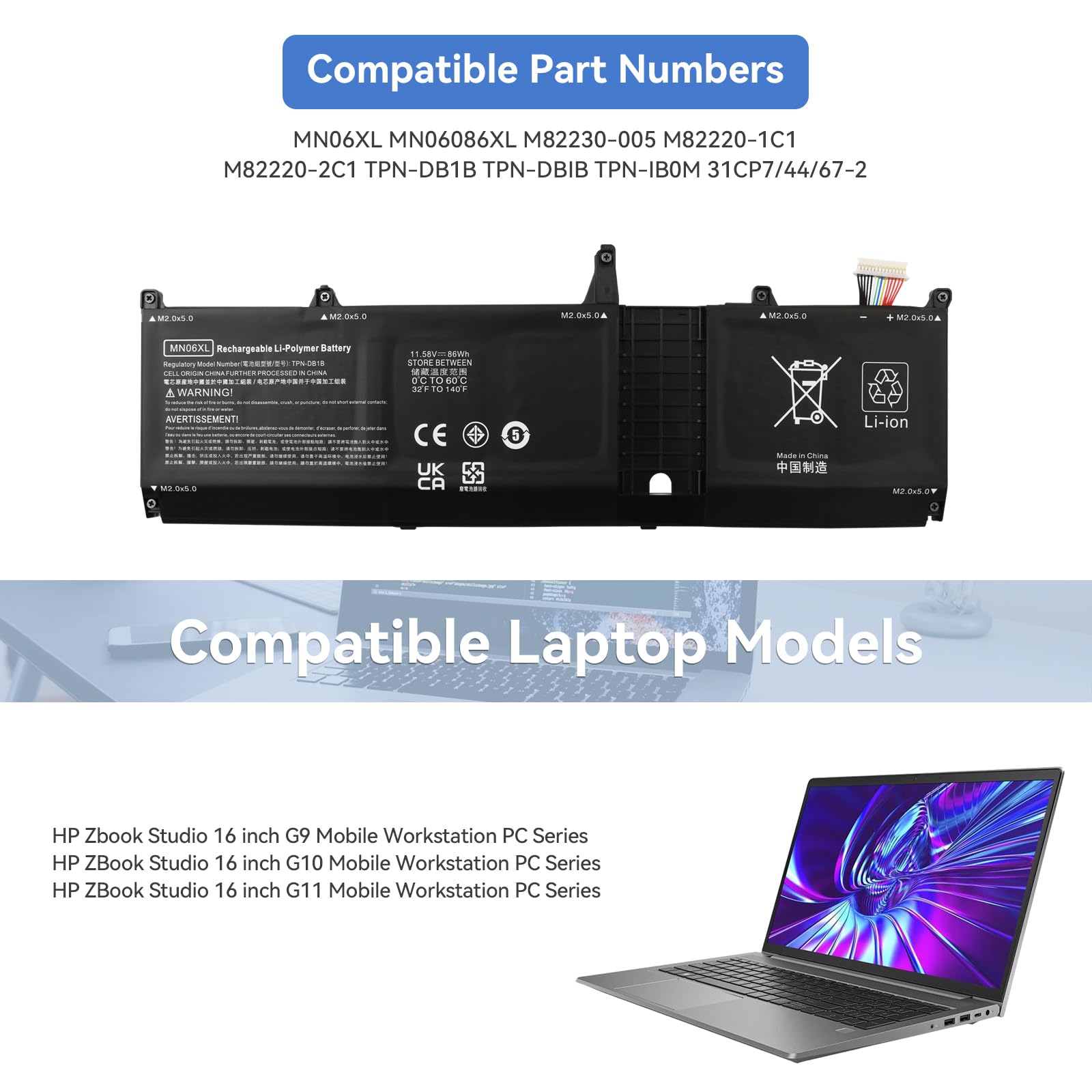 86Wh MN06XL Batteria per HP Zbook Studio 16 G9 G10 G11 Mobile Workstation | MN06086XL M82230-005 M82220-1C1 M82220-2C1 TPN-DB1B TPN-DBIB TPN-IB0M 31CP7/44/67-2 Notebook PC Replacement Battery