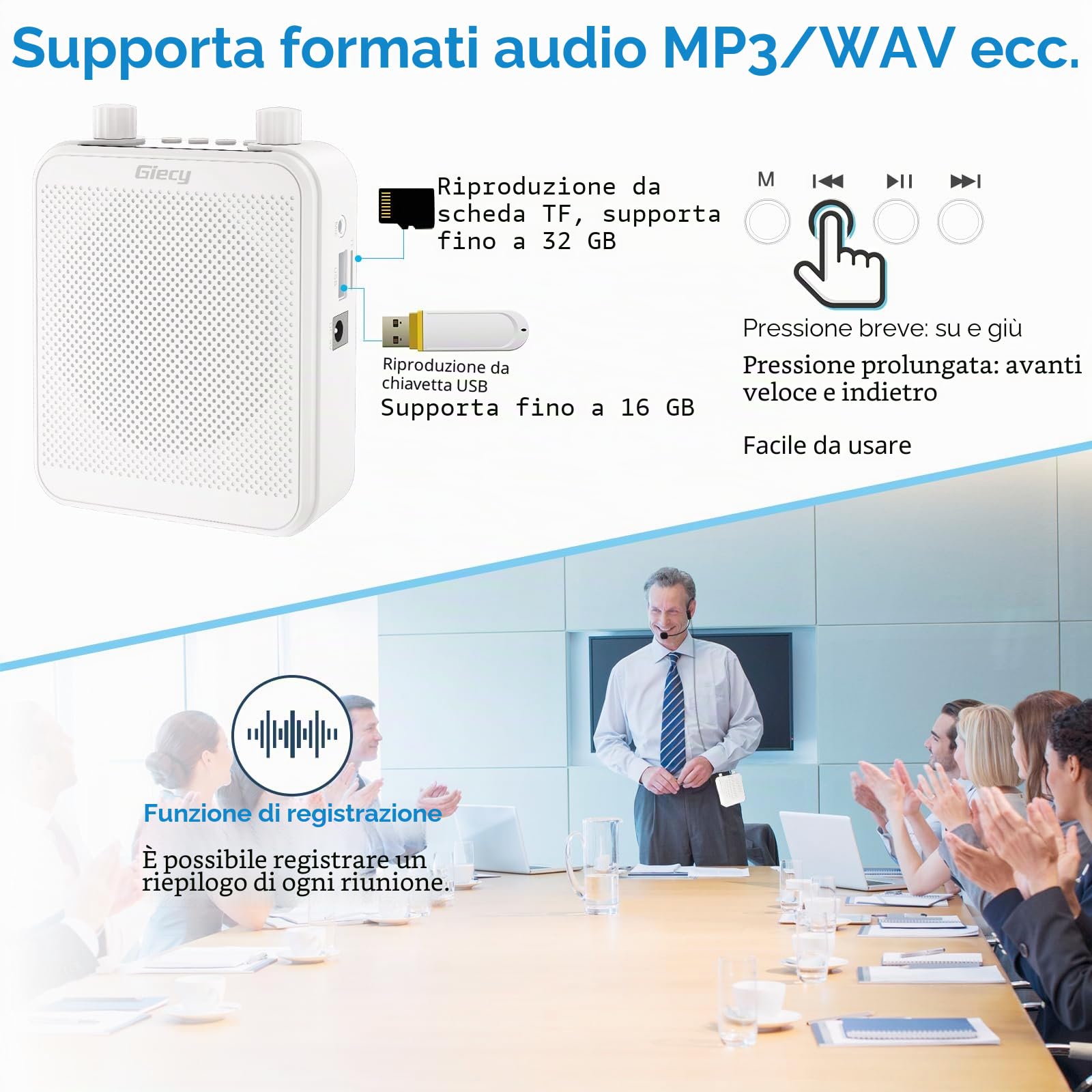 Amplificatore vocale portatile con microfono Batteria ricaricabile 2800mah Sistema PA per insegnanti, guida turistica, allenatori, presentatori(Bianco)