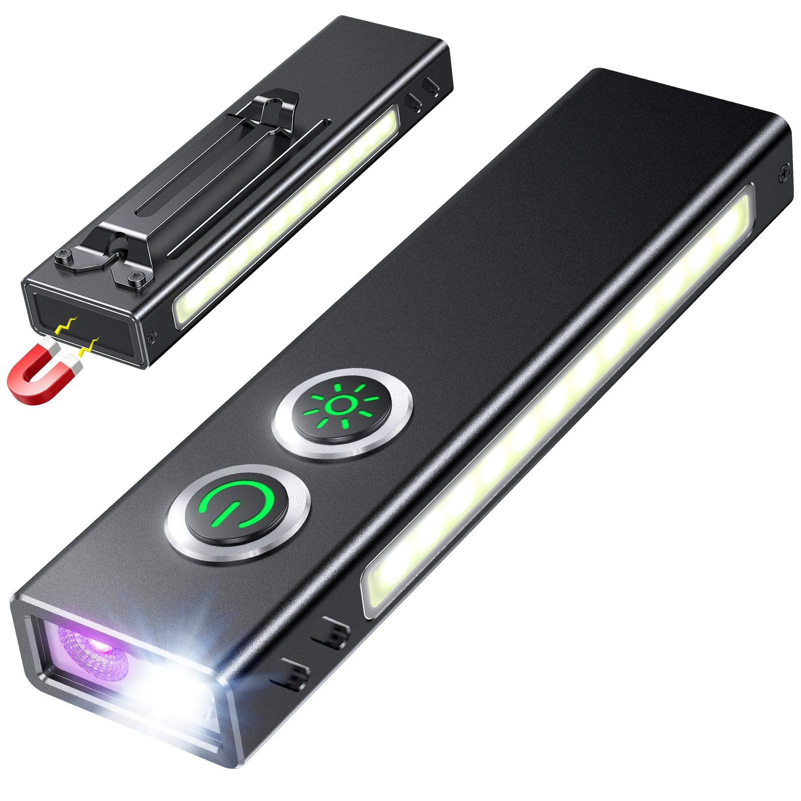 Babacom 1300LM Torch Rechargeable with UV Light & Red Side Light, 7 Modes | Aluminium Flat Pocket Camping Torch, 1.5m Drop Proof & IP44 Waterproof, Magnetic/Clip Flashlight for Outdoor/Emergency/Work