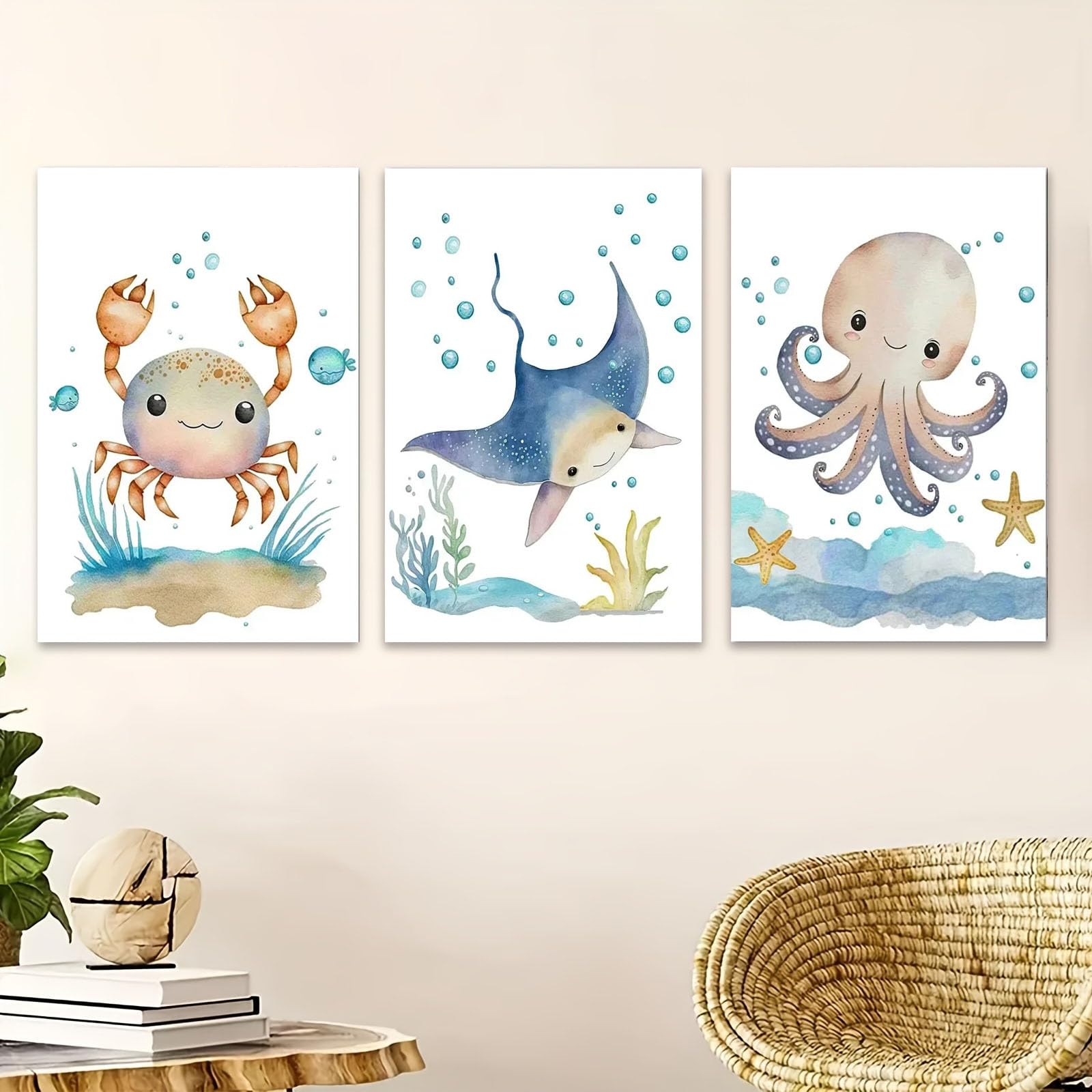 ZBELLO Set Of 3 Posters, Ocean Animal Wall Art, Watercolour Whales, Seahorses, Octopuses, Crabs and Turtles, Posters for Children’S Rooms and Nurseries, Unframed (A,40x60cm)