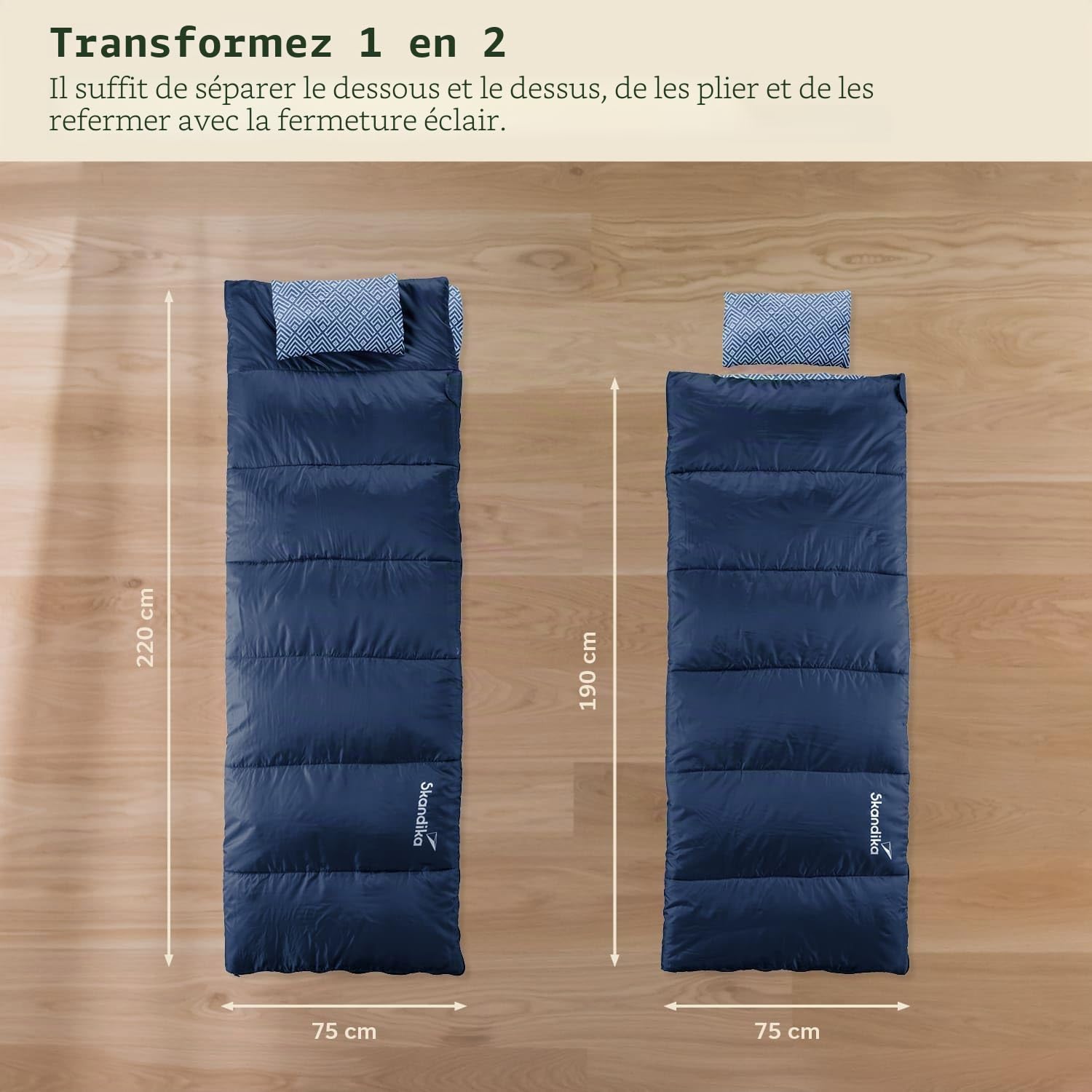 Skandika Sac de Couchage rectangulaire Iceland Double | Sac de Couchage Adulte 2 Places, 3 Saisons, avec/sans Flanelle, utilisable comme Sac de Couchage Individuel