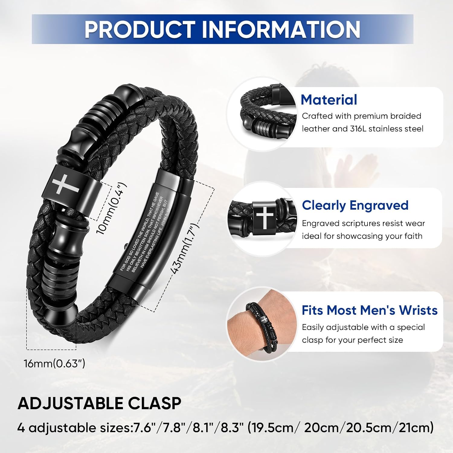 TempBeau Christian Black Leather Bracelet for Men - Double-Row Braided Leather Faith Cross Bracelets for Mens Jewelry Gift Religious Baptism Easter Gifts for Young Men Teenage,Adjustable Wristband