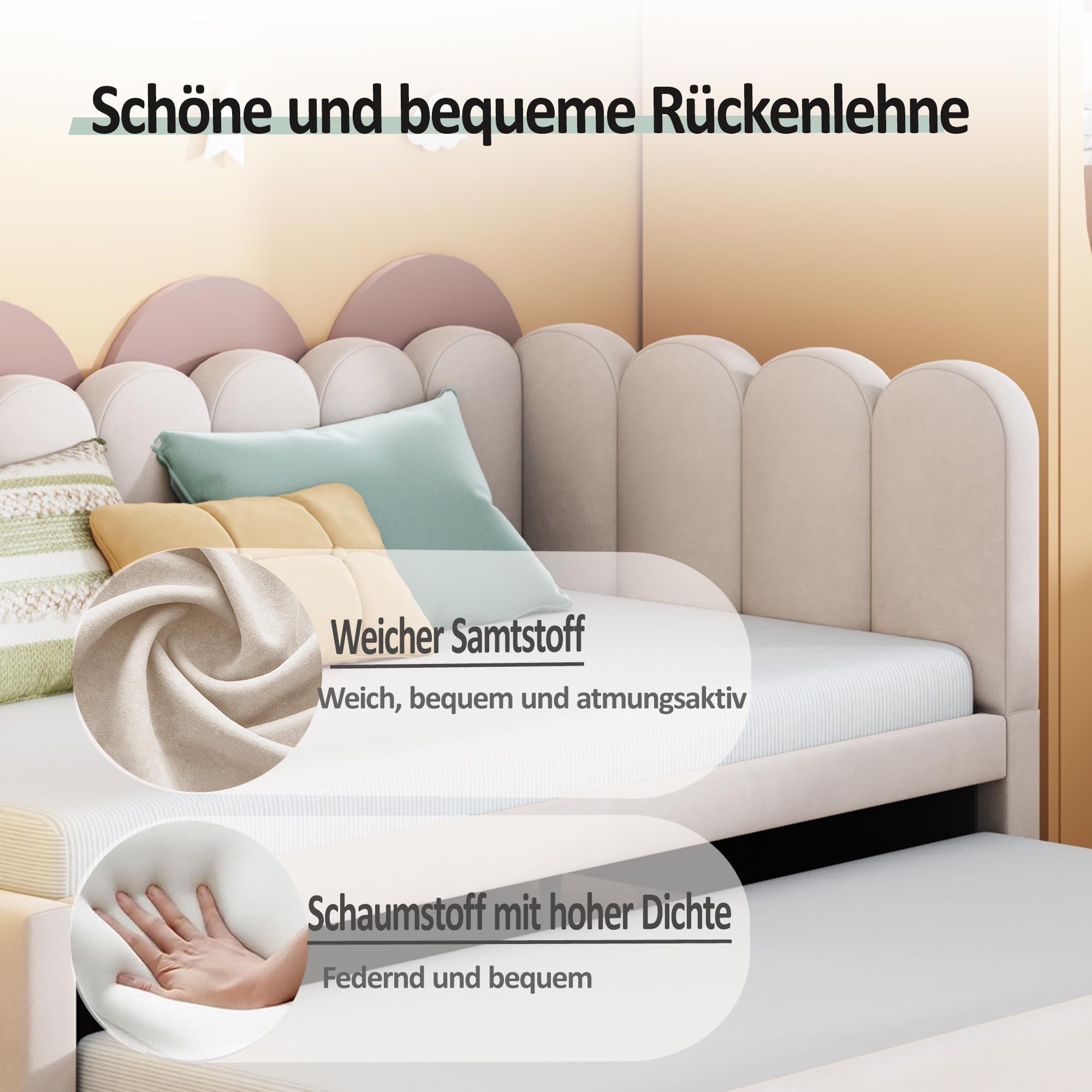 Sofá cama multifunción 2 en 1 en forma de L (90/180 x 200 cm), cama tapizada de terciopelo, diseño que ahorra espacio, se puede utilizar como cuna o cama de invitados, beige (sin colchón)