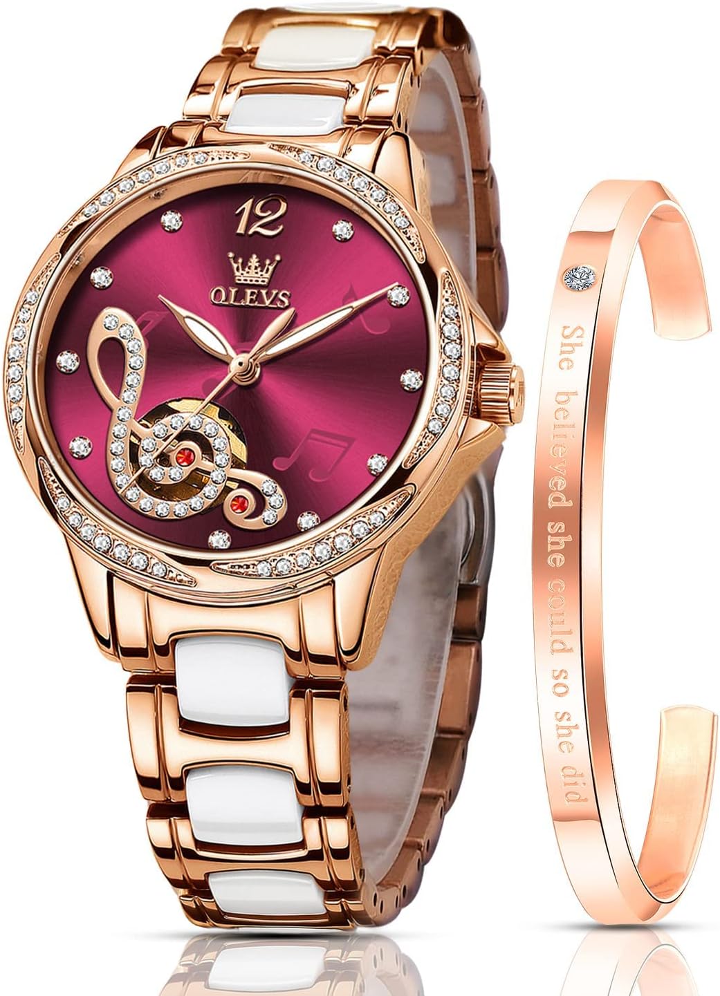 OLEVS Watches for Women Automatic Mechanical Self Winding Rose Gold Ladies Watch Diamond Dress Ceramic Bracelet Waterproof Female Wrist Watch