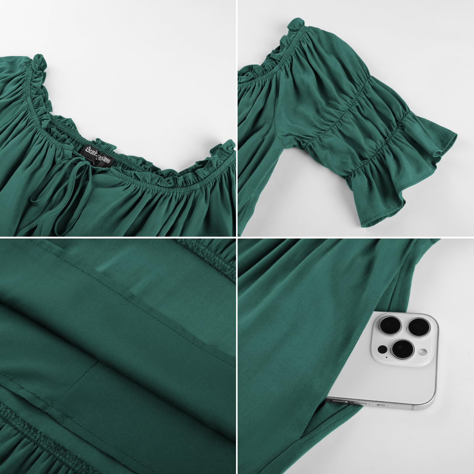 SCARLET DARKNESS Vestito da donna in stile rinascimentale, con spalle scoperte, stile medievale | maniche a sbuffo, vita elasticizzata, linea ad A, con tasche, abbigliamento medievale da donna, costume da pirata