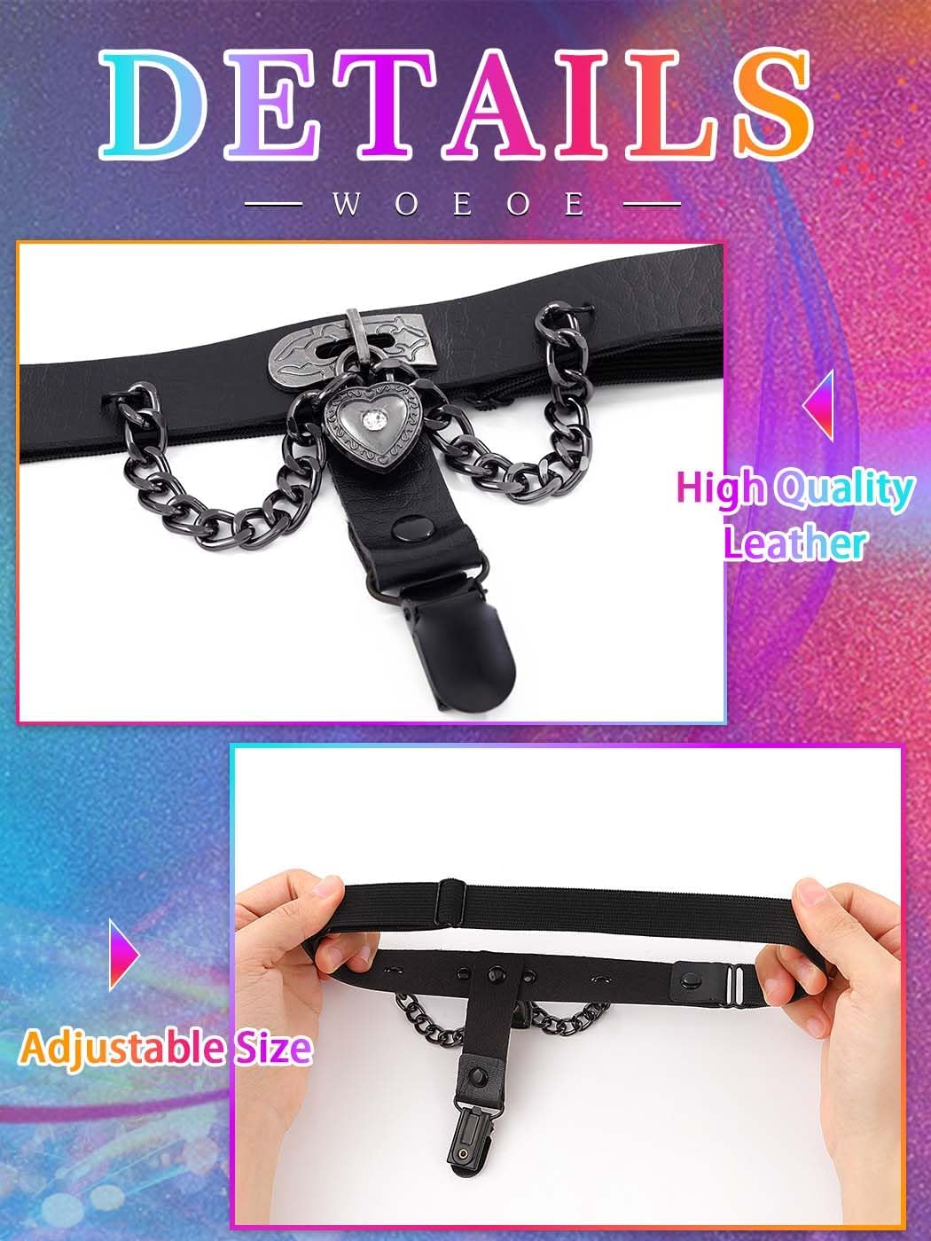 Woeoe Gothic Heart Leg Garter Belt Black Leather Thigh Harness with Non-Slip Clips Fashion Body Accessories for Women