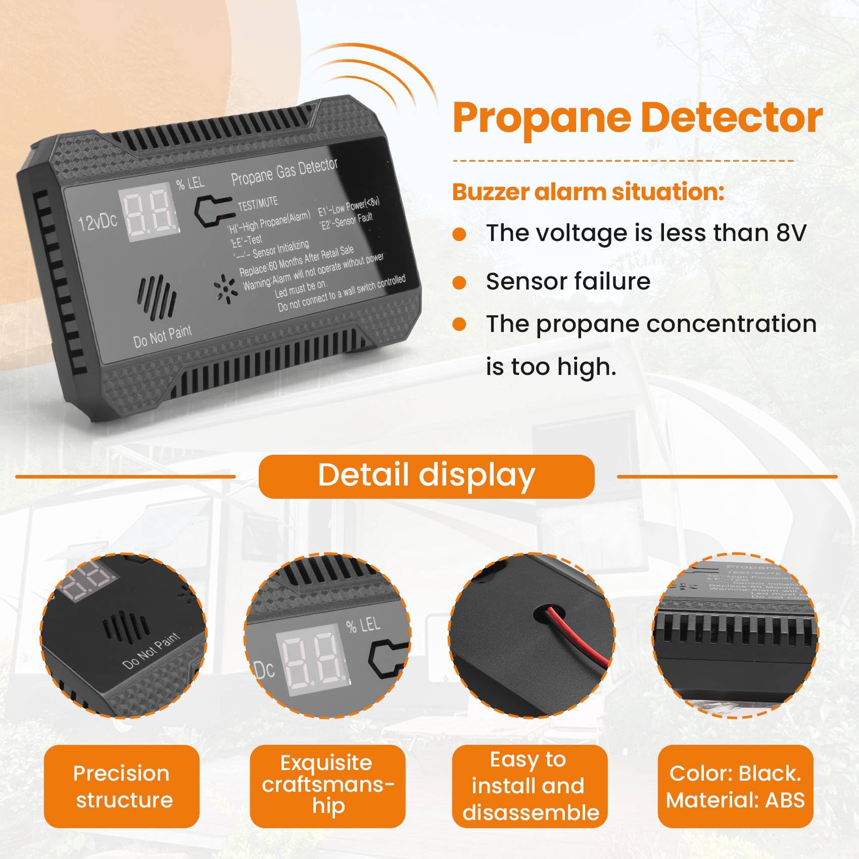 wudoo Detector de Propano 12V LPG Sensor de Gas Natural Alarma de Fuga 85DB Sirena para AutomóVil RV Hogar Medidor de Prueba de Propano Digital (Negro)