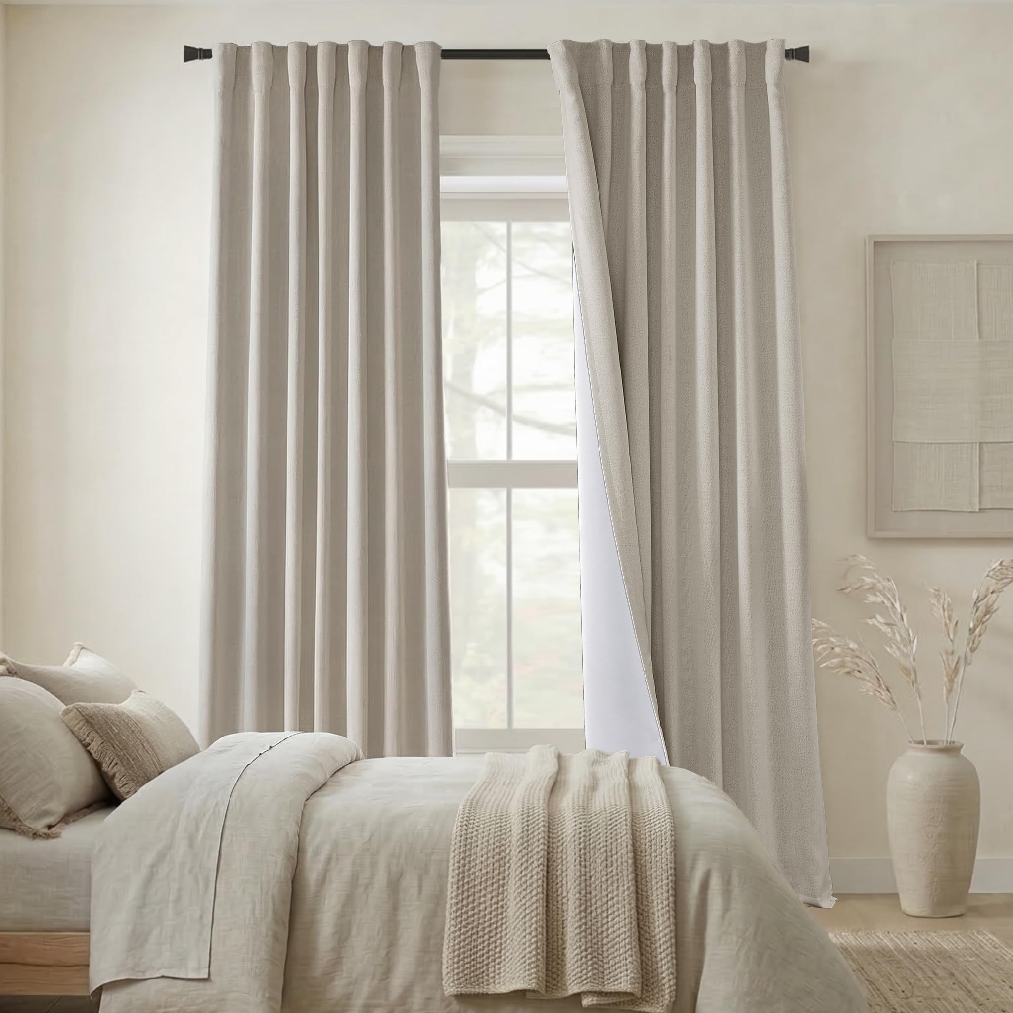Photo 1 of 108 Inch Linen Blackout Curtains, 9FT Oatmeal Colored Thermal Insulated Rod Pocket Back Tab Drapes for Living Room Bedroom, 2 Panel Set, 9 FT Length 50'' Wide x 108'' Long, Warm Beige