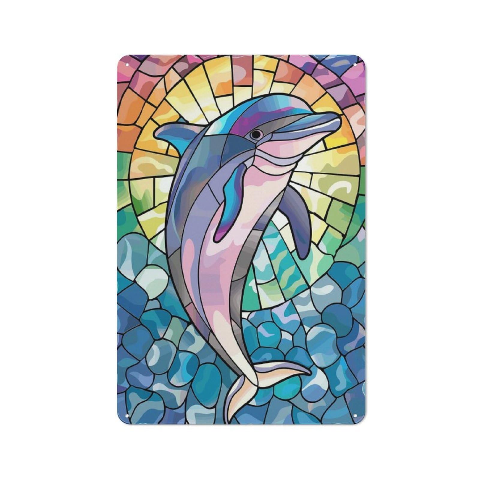 Junmoney Style-6 Stained Glass Dolphin In Waves Vintage Metal Sign 30X20cm For Lounge Or Reading Corner, For A Room Refresh Centred On Metal Wall Decor