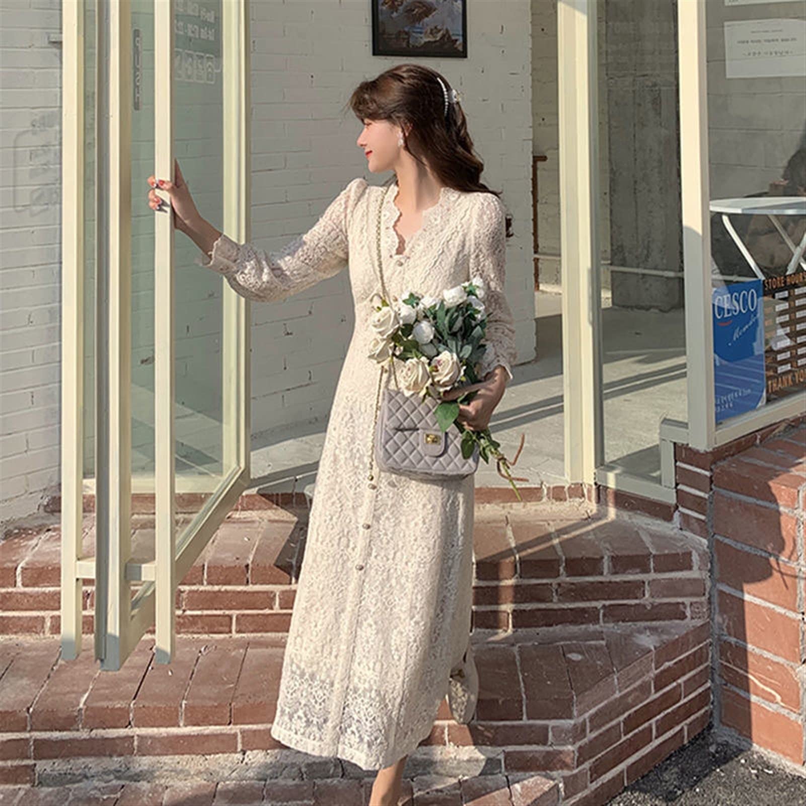 Amazon.com: Lace Long Sleeve Dress Spring One Piece Evening Ladies Party  (Color : Beige, Size : M) : Clothing, Shoes & Jewelry