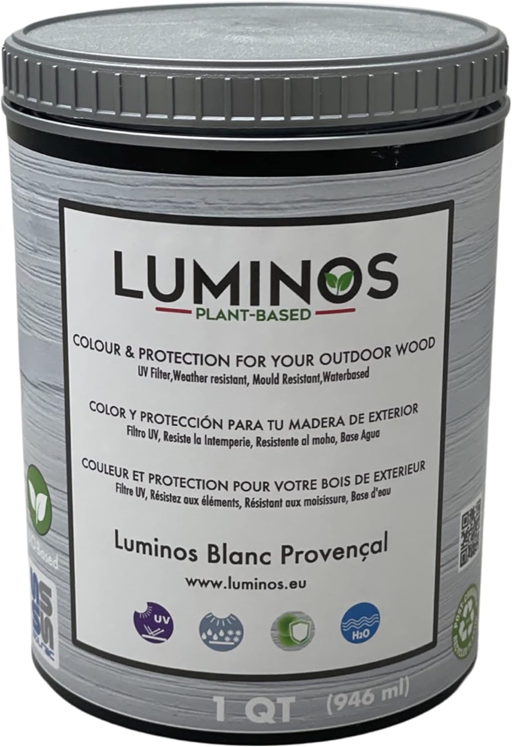 Solrac Luminos LUM1100 - Blanc PROVENAL - Outdoor Water-Based Wood Finish Stain Protector - White Provence 1QT