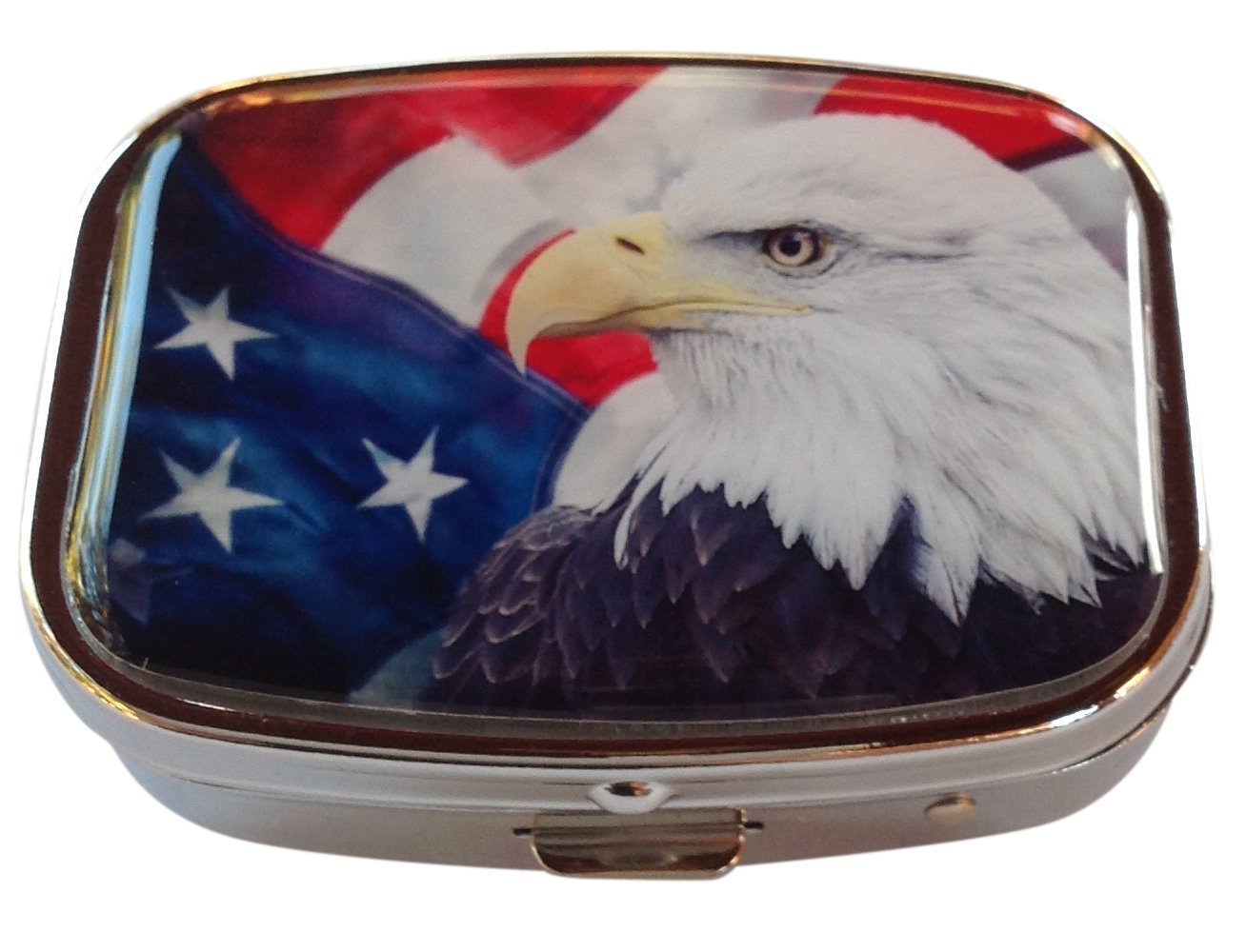 American Flag Bald Eagle Patriotic Silver Two Compartment Rectangular Pocket/Purse/Travel Pill Box
