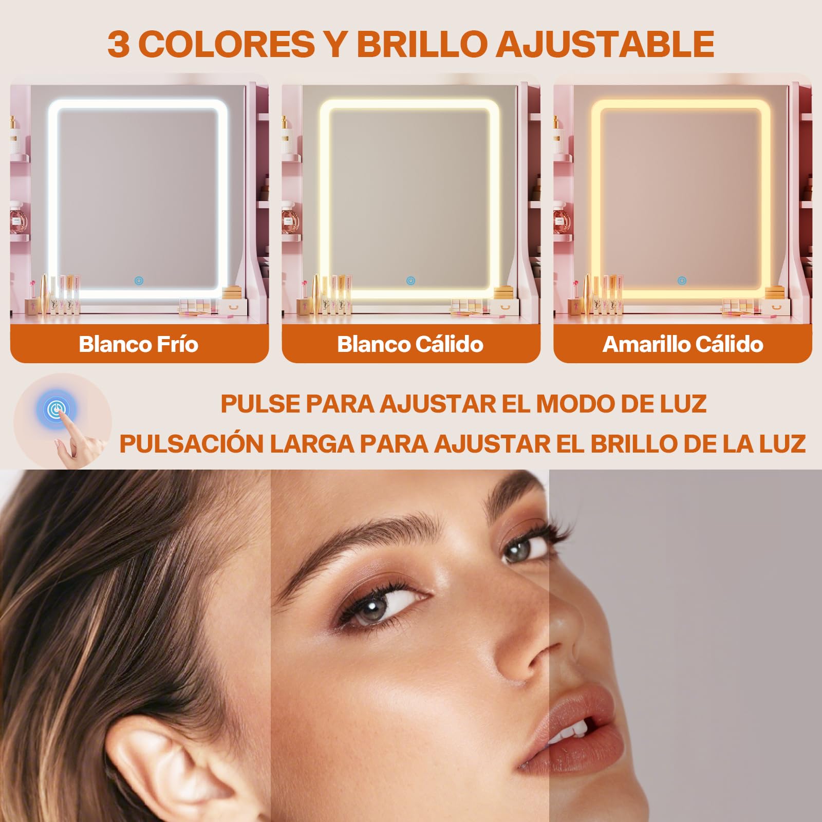 Airfish Tocador Grande, Tocador de Maquillaje Moderno con Espejo LED y 3 Tonos, Brillo Ajustable, Mesa de Maquillaje con 4 Estantes y 7 Cajones, 3 Compartimentos Abiertos Rosa