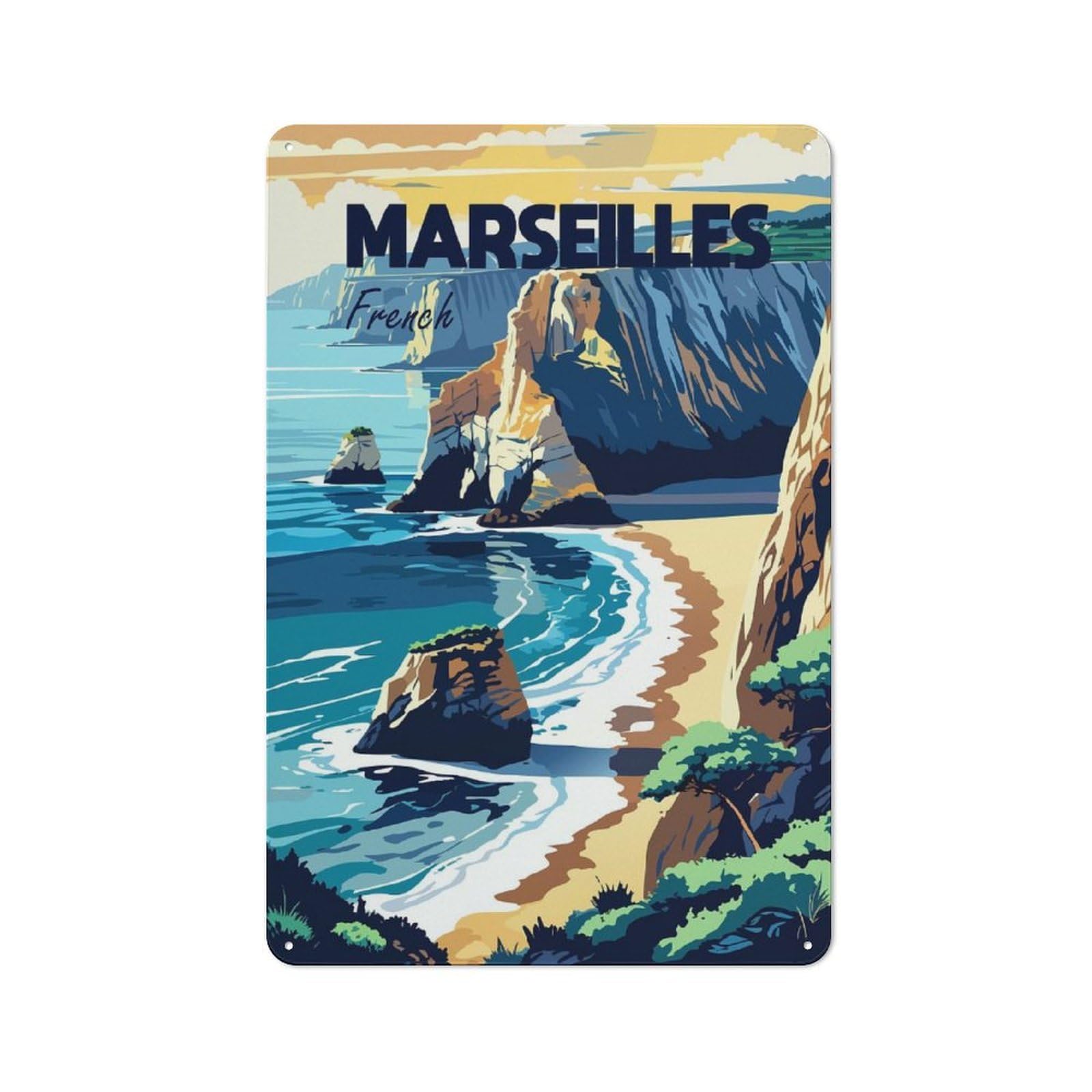 Junmoney Style-15 For Home Office Or Studio, Marseilles French Coastline Travel Vintage Tin Sign 30X20cm, Tin Sign Wall Decor For Home Offices And Studios
