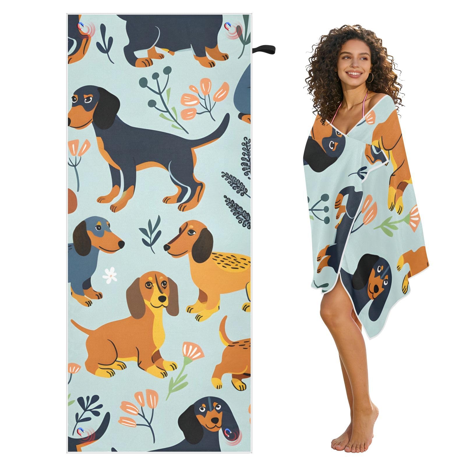 Toallas de playa grandes con bolsas de malla para adultos, toalla de baño de perros salchicha con cierre magnético, toalla absorbente de secado rápido para piscina, camping y viajes, 190 x 80 cm
