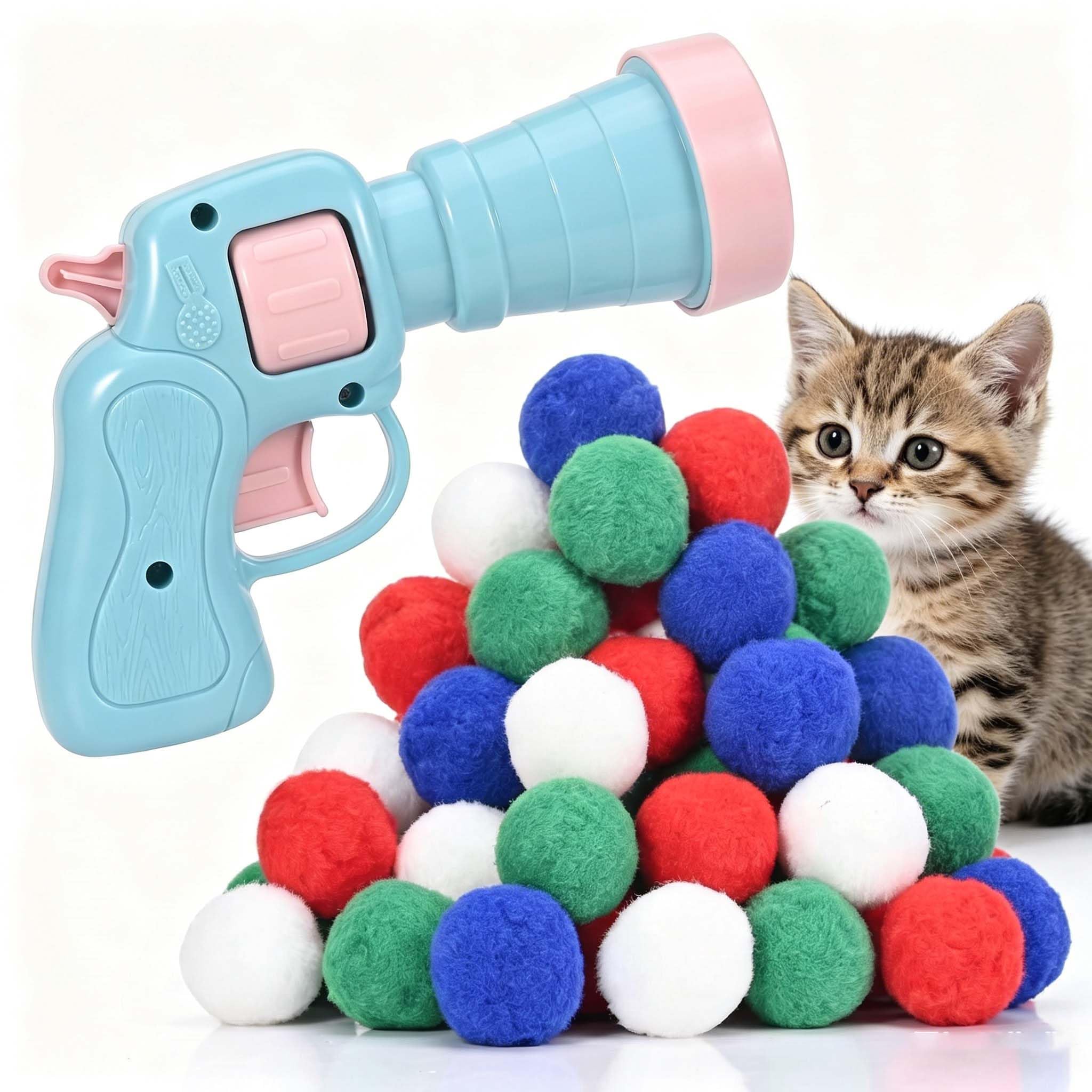 Katzenspielzeug, Launcher-Set mit 50 Bällen, Sanftes interaktives Haustier-Spielzeug, sicheres leises Kuschelspielzeug für aktiven Indoor-Spielspaß von Katzen und Hunden