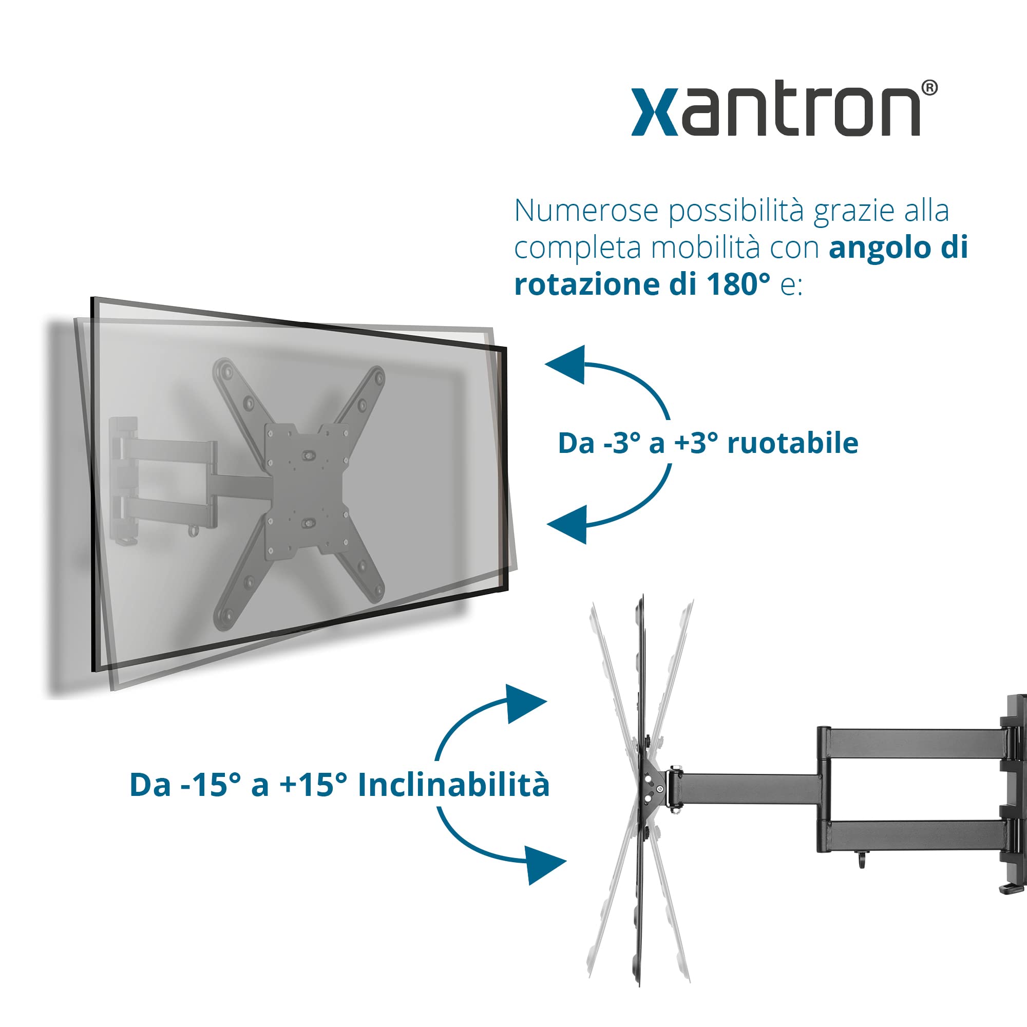 Xantron® PRO-FM400 Supporto TV girevole, inclinabile/Supporto TV parete 23-55 pollici/Staffa TV slim/Braccio TV con distanza dalla parete ultrapiatta - incl. materiale di montaggio