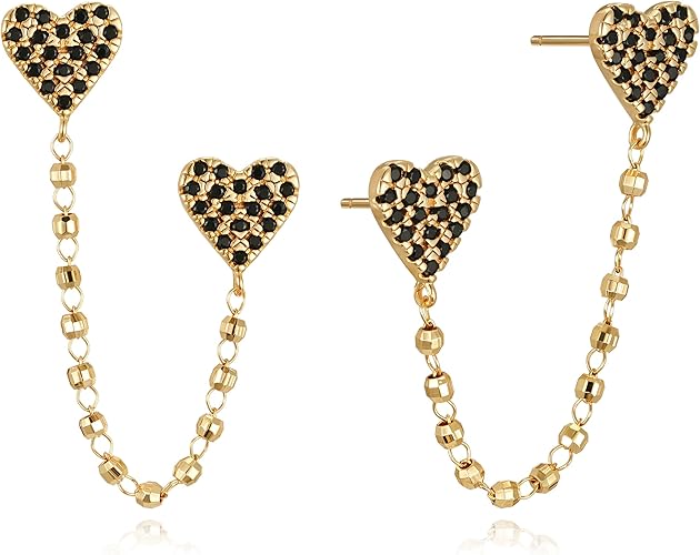 FETTERO Gold Chain Earrings for Women, 14K Gold Plated Hypoallergenic Earring for Multiple Piercing, Tassel Chain Heart Pendant Double Piercing Stud Earrings | Charm Gold Earring for Women