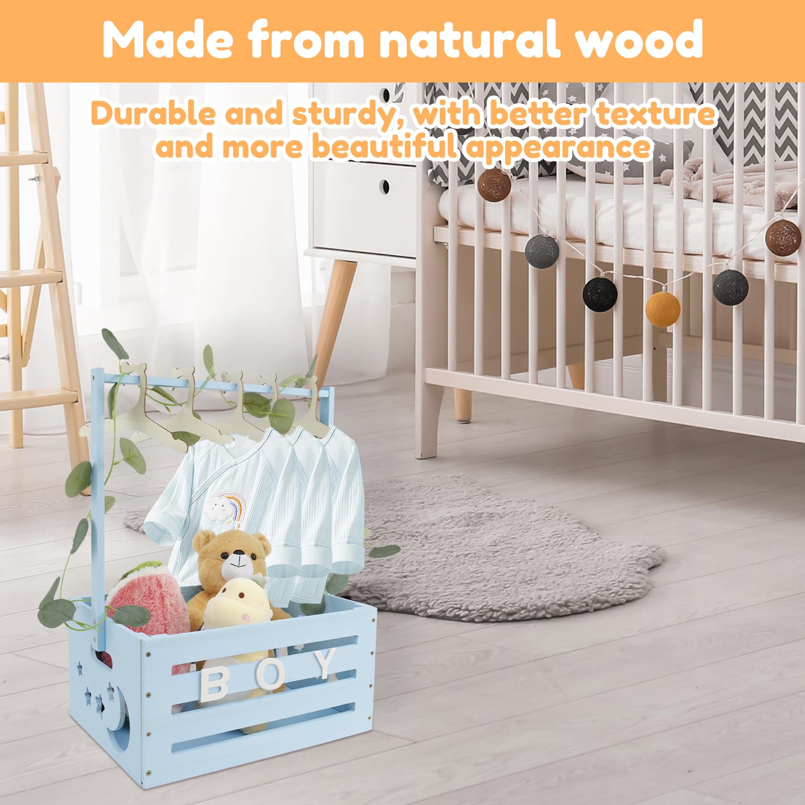Babykorb mit Griff, Holz Babyparty Schrank Praktischer Holzkiste für Babyparty mit Stange,Schrank für Babypartykisten aus Holz Wäschekorb Kinder Holz Baby Shower Geschenk (Blau)