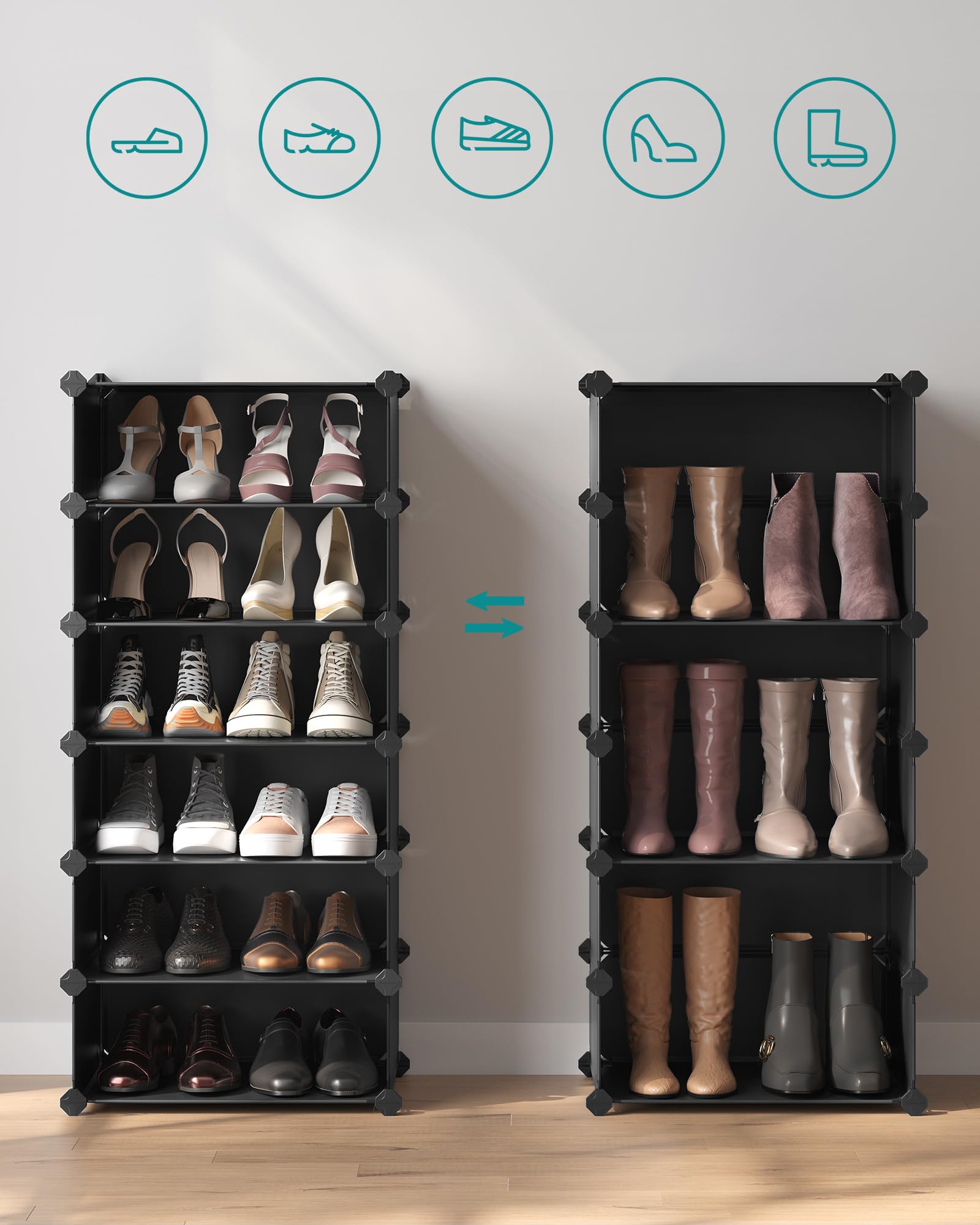 SONGMICS Zamykany stojak na buty, prostokątny organizer, 10-szczelinowy modułowy regał do przechowywania DIY, każdy moduł 40 x 30 x 17 cm, szafa z tworzywa sztucznego z drzwiami, czarny LPC10HV1