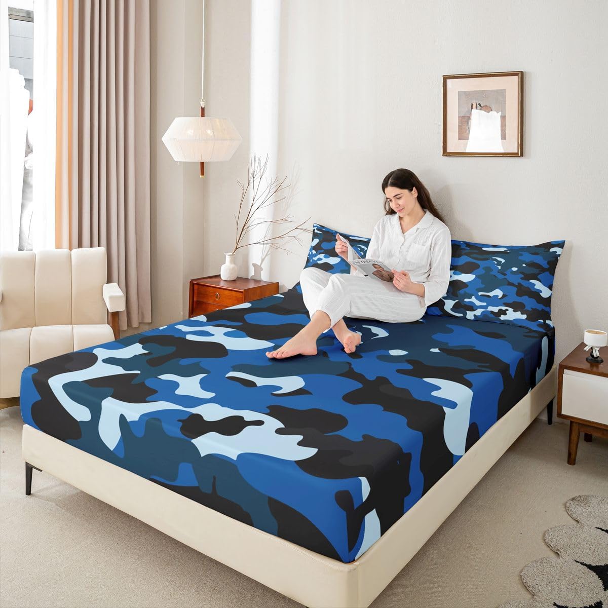 Feelyou Kids Camo Bed Sheet Set Boys Army Camouflage Bedding Sheets Teens Youth Man Colorful Pattern Art Decor Bedding Fitted Sheet Dark Blue Bed Cover Room Decor 3Pcs Full Size