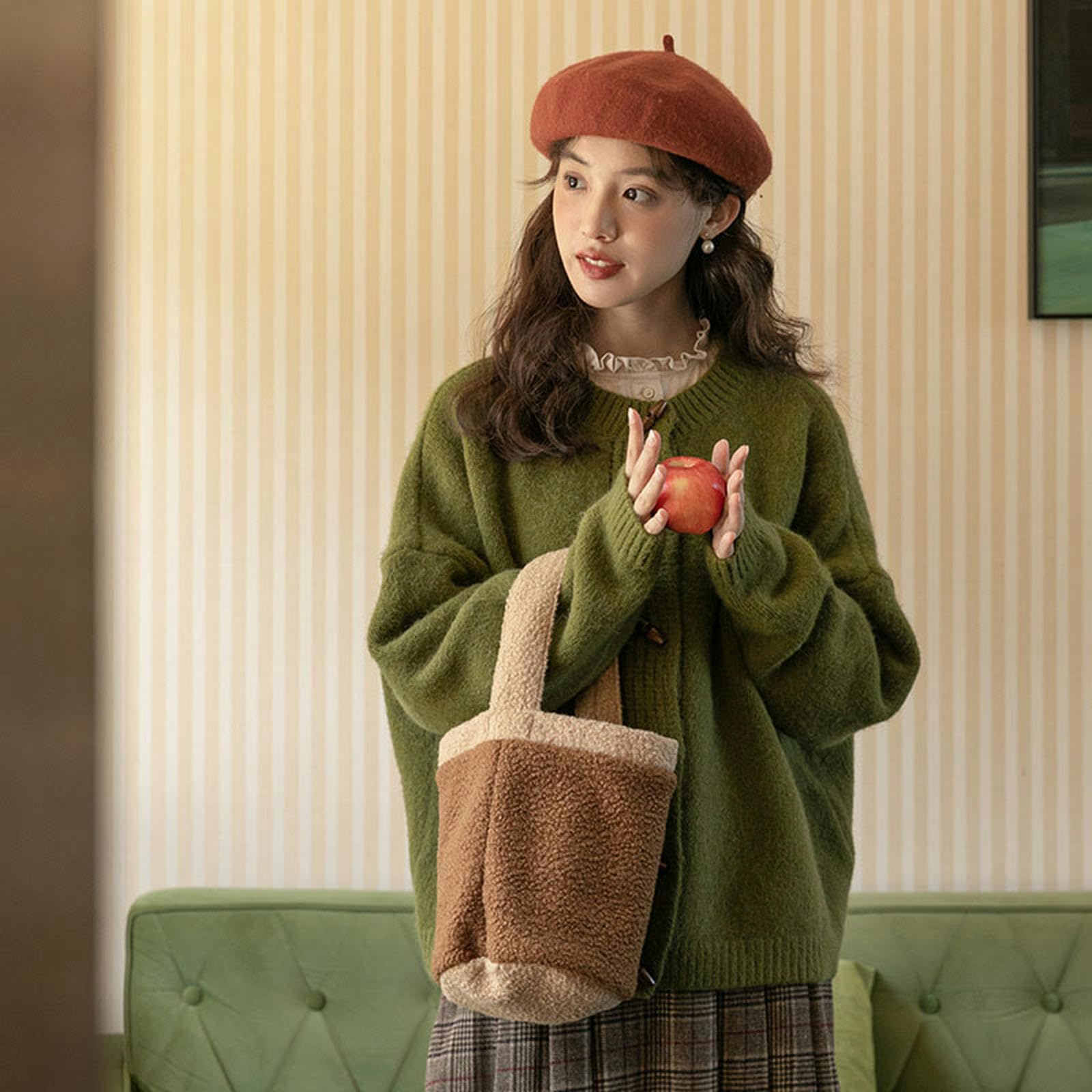 Maglione da Donna Atmosfera Autunno E Inverno Atmosfera Retro Verde Pigro Maglione per Donne-Maglione Verde (Spilla Esclusa)-S 70-90 Sterline