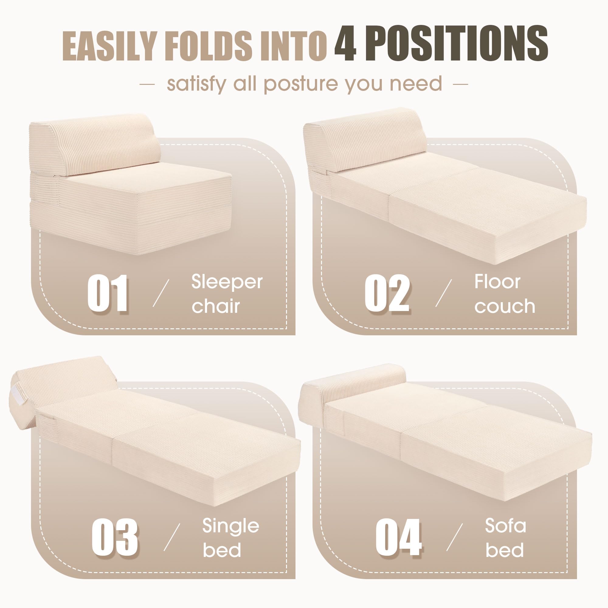 Sofá cama plegable con almohada, silla convertible con funda lavable, silla plegable de espuma viscoelástica, sofá futón para sala de estar, dormitorio, uso de invitados, oficina en casa, 4