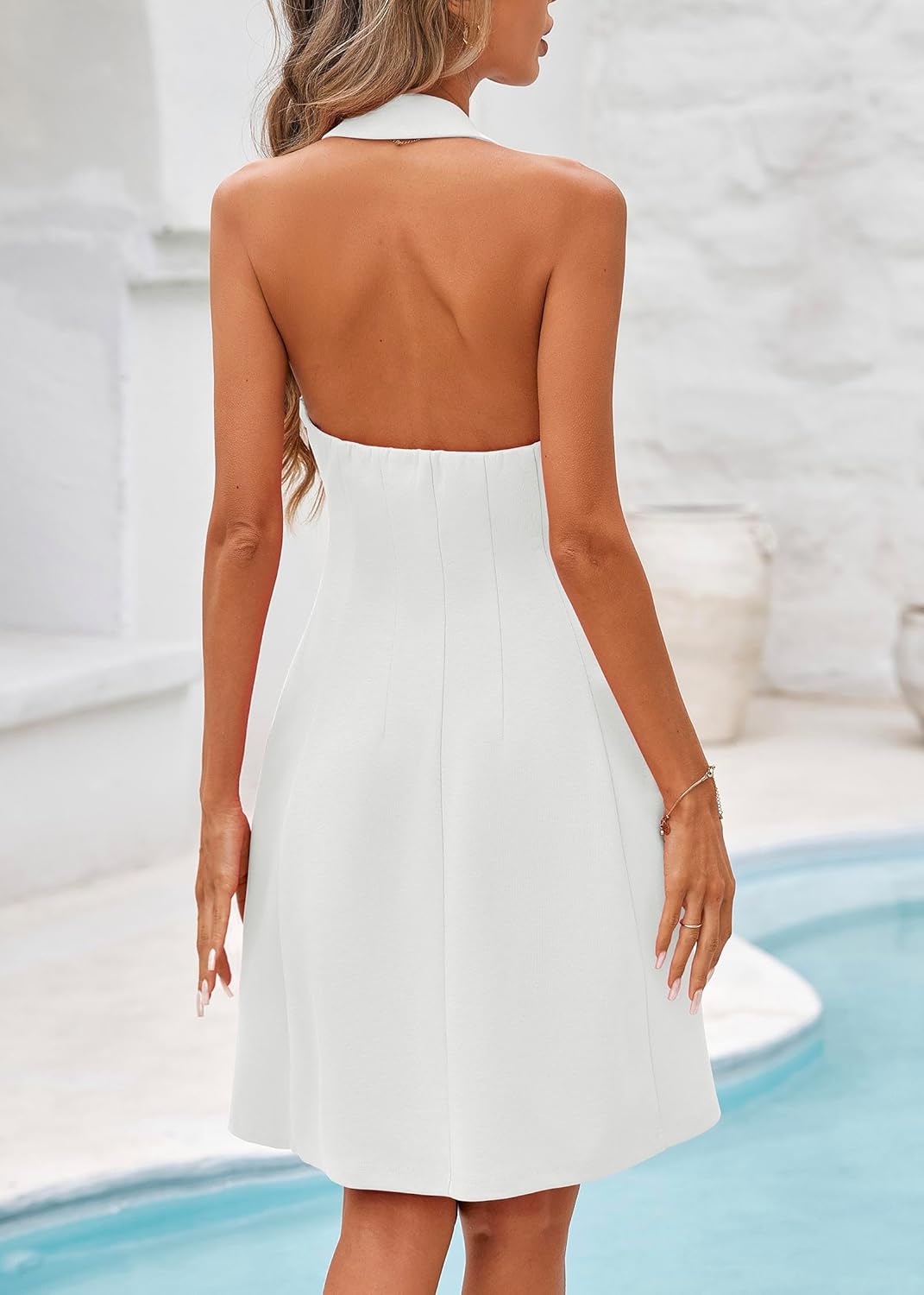 Lazysmile Summer Dresses for Women Sleeveless Halter Lapel V Neck Backless A Line Formal Cocktail Party Short Dress - Image 2