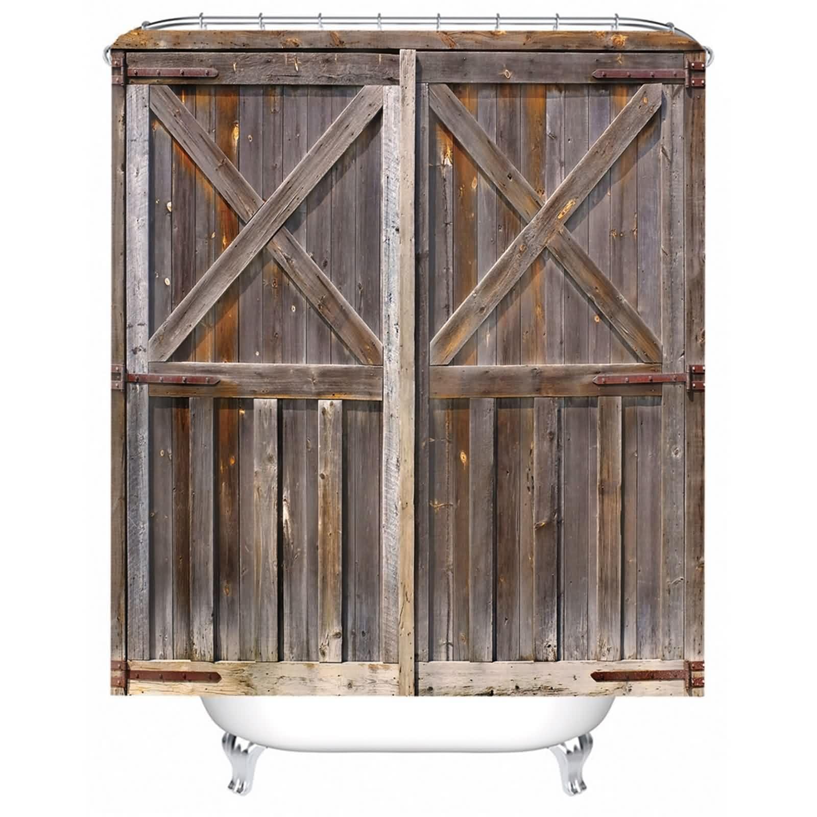 Rideau de salle de bain vieux motif porte en bois pour une ambiance rustique et chaleureuse