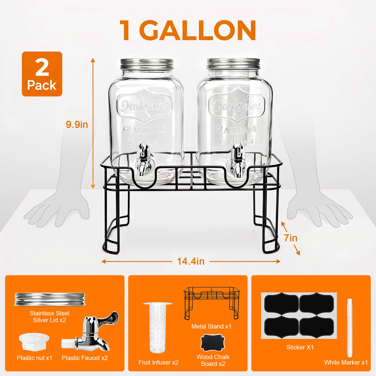 Dispensador de bebidas de vidrio de 1 galón, dispensador de bebidas Accguan con tapa de lata y espiga sin fugas, marco de hierro negro, dispensador de bebidas Mason para fiestas, picnics, barbacoas y